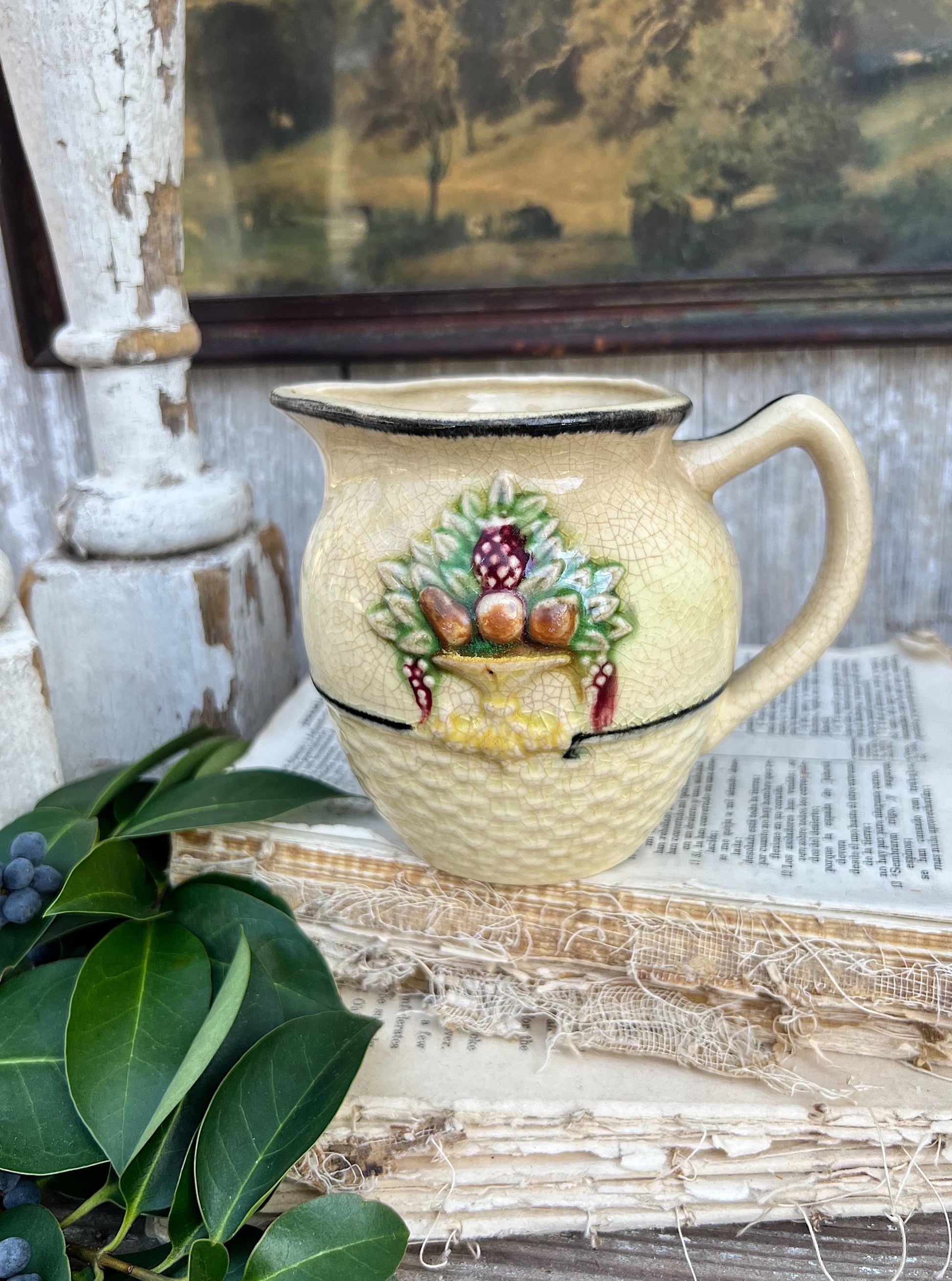 Antique MAJOLICA Creamer Ironstone Pitcher Embossed French Country Farmhouse Decor Crazed JAPAN Fruit Basket