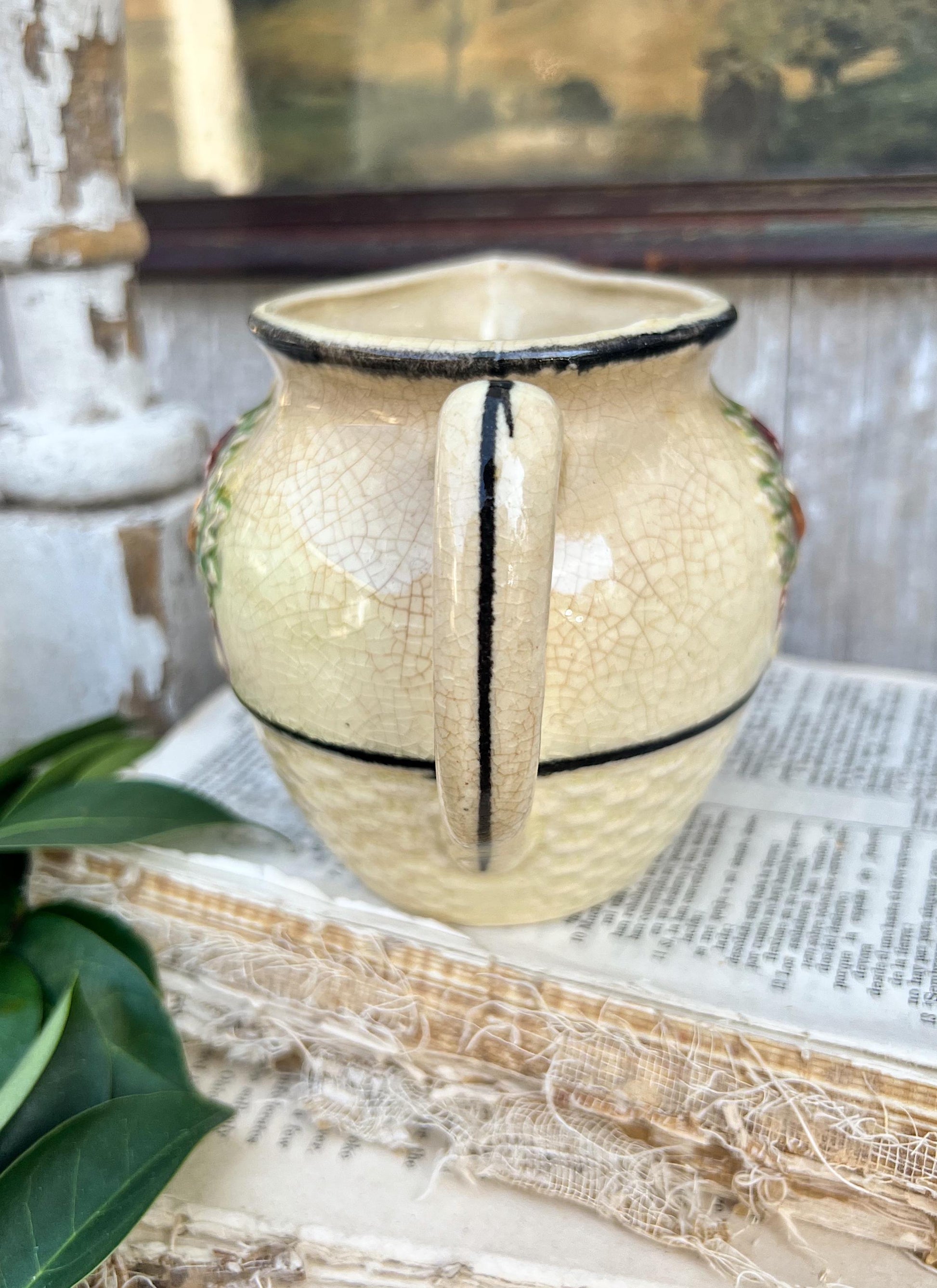 Antique MAJOLICA Creamer Ironstone Pitcher Embossed French Country Farmhouse Decor Crazed JAPAN Fruit Basket