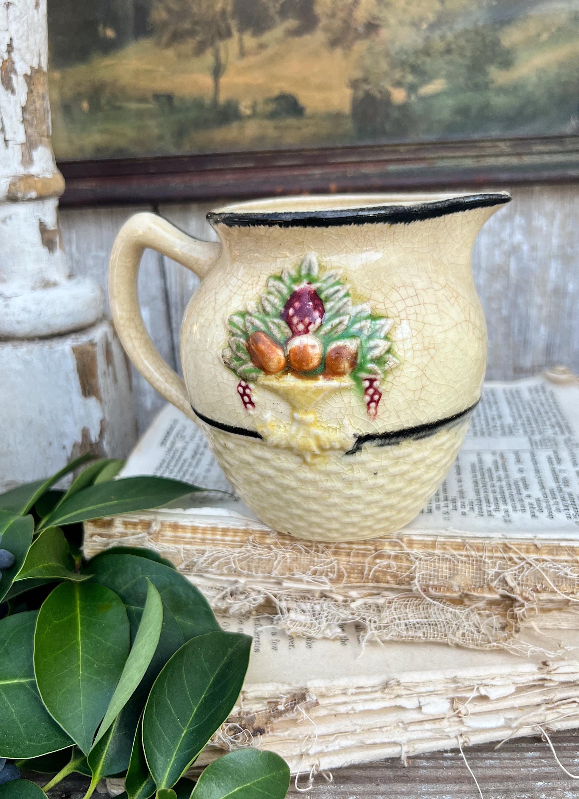 Antique MAJOLICA Creamer Ironstone Pitcher Embossed French Country Farmhouse Decor Crazed JAPAN Fruit Basket