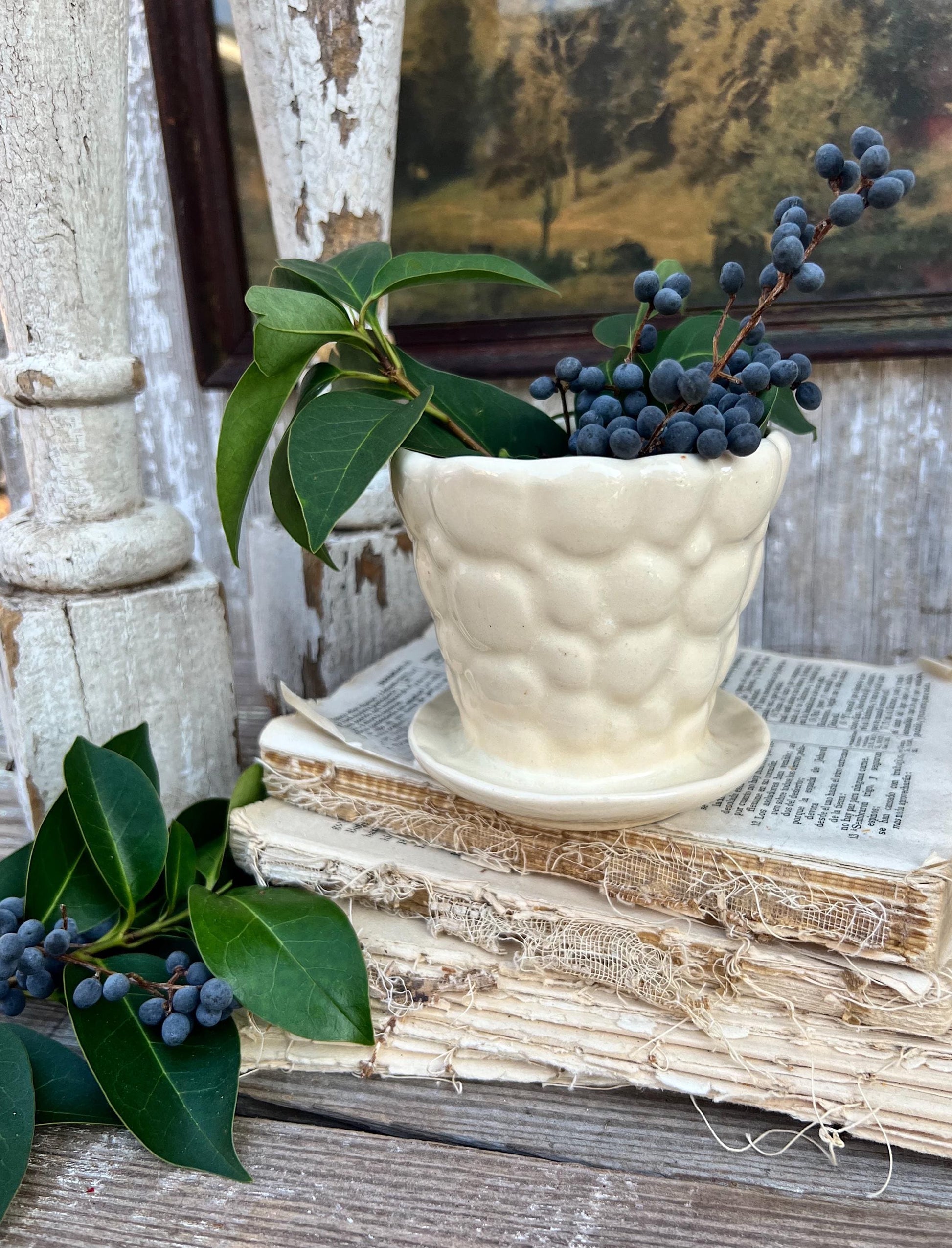 Antique Cream Ivory WHITE BUBBLE Flower Pot With Saucer USA Planter Container Farmhouse Vintage Garden Decor