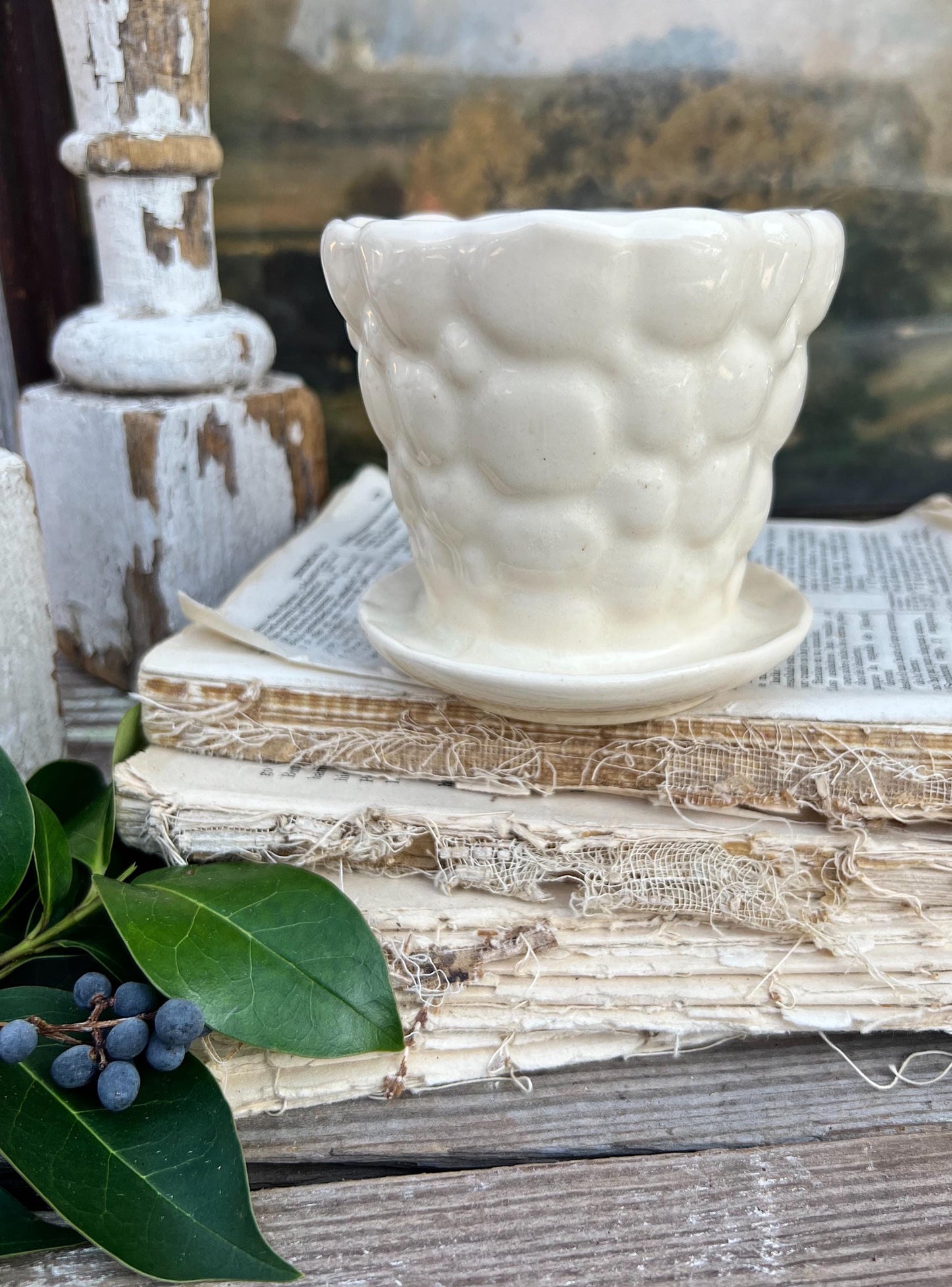 Antique Cream Ivory WHITE BUBBLE Flower Pot With Saucer USA Planter Container Farmhouse Vintage Garden Decor