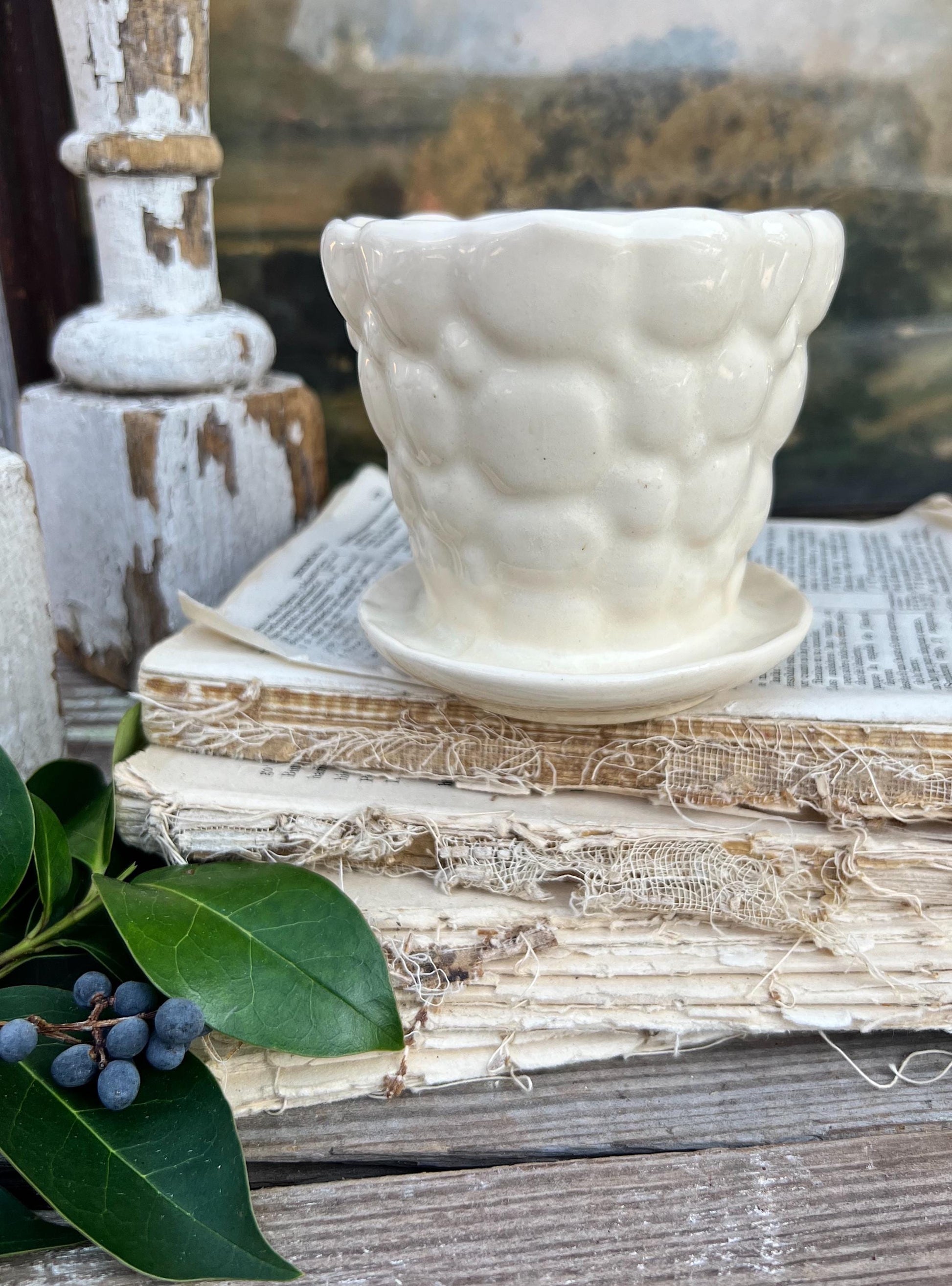 Antique Cream Ivory WHITE BUBBLE Flower Pot With Saucer USA Planter Container Farmhouse Vintage Garden Decor