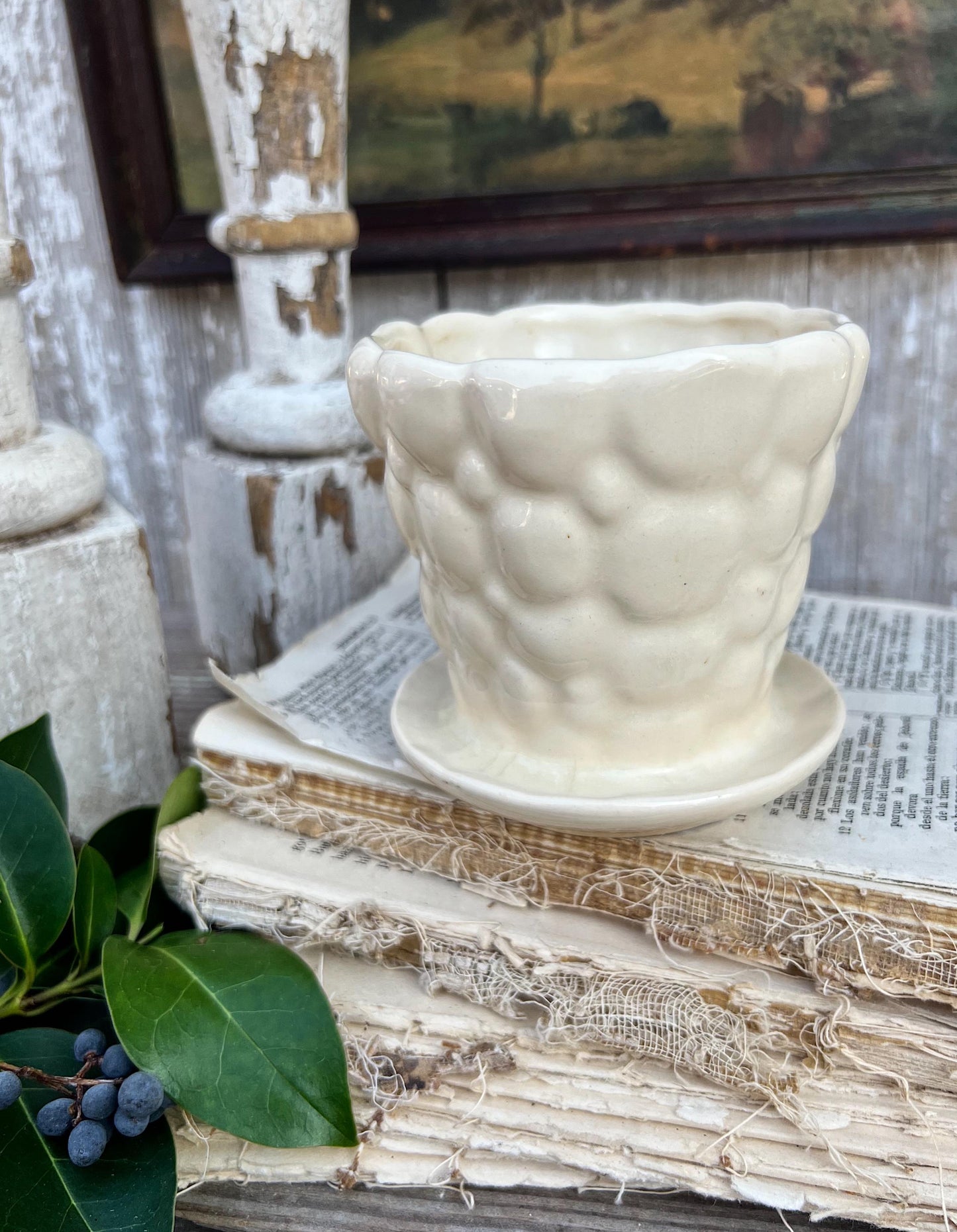 Antique Cream Ivory WHITE BUBBLE Flower Pot With Saucer USA Planter Container Farmhouse Vintage Garden Decor