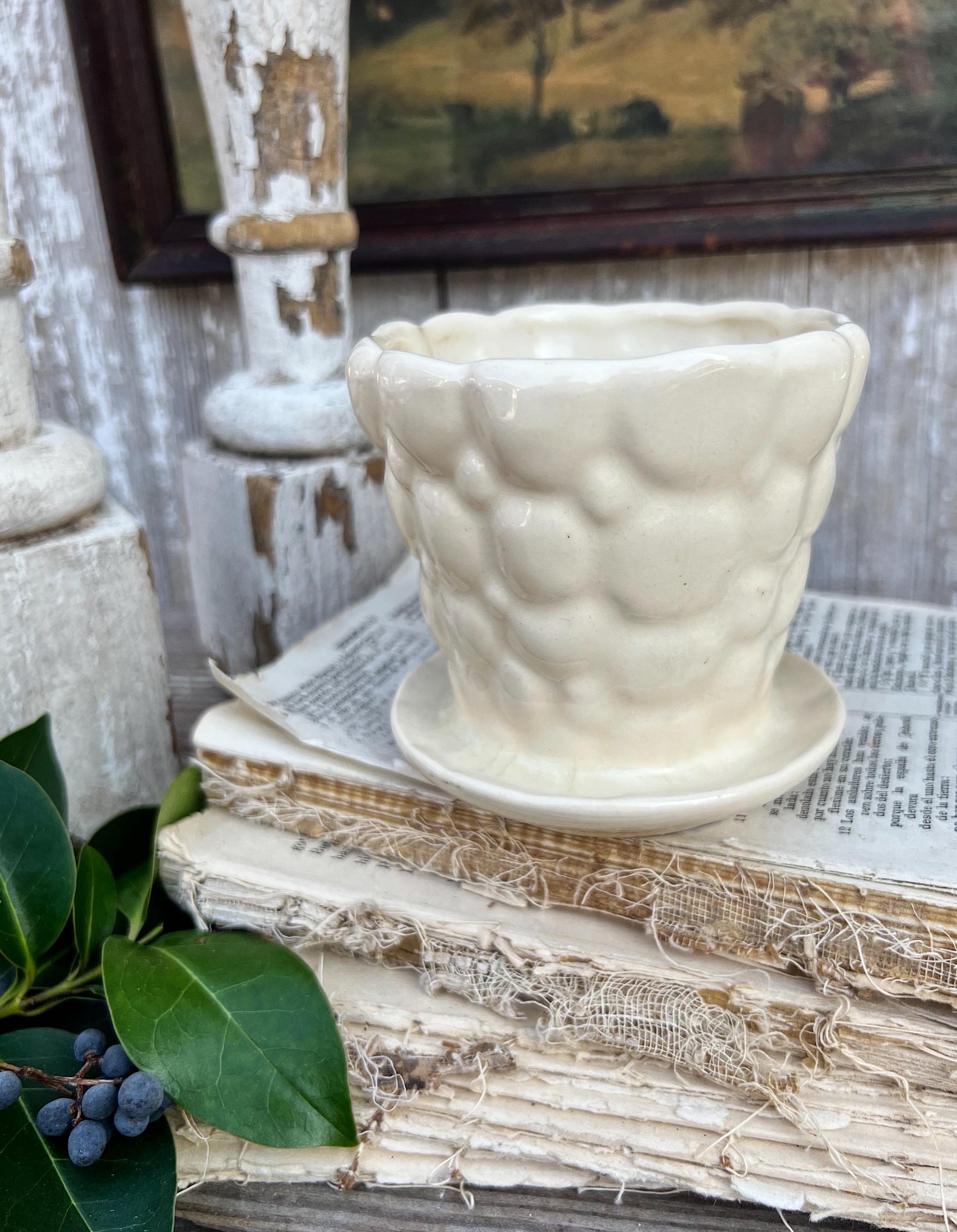 Antique Cream Ivory WHITE BUBBLE Flower Pot With Saucer USA Planter Container Farmhouse Vintage Garden Decor