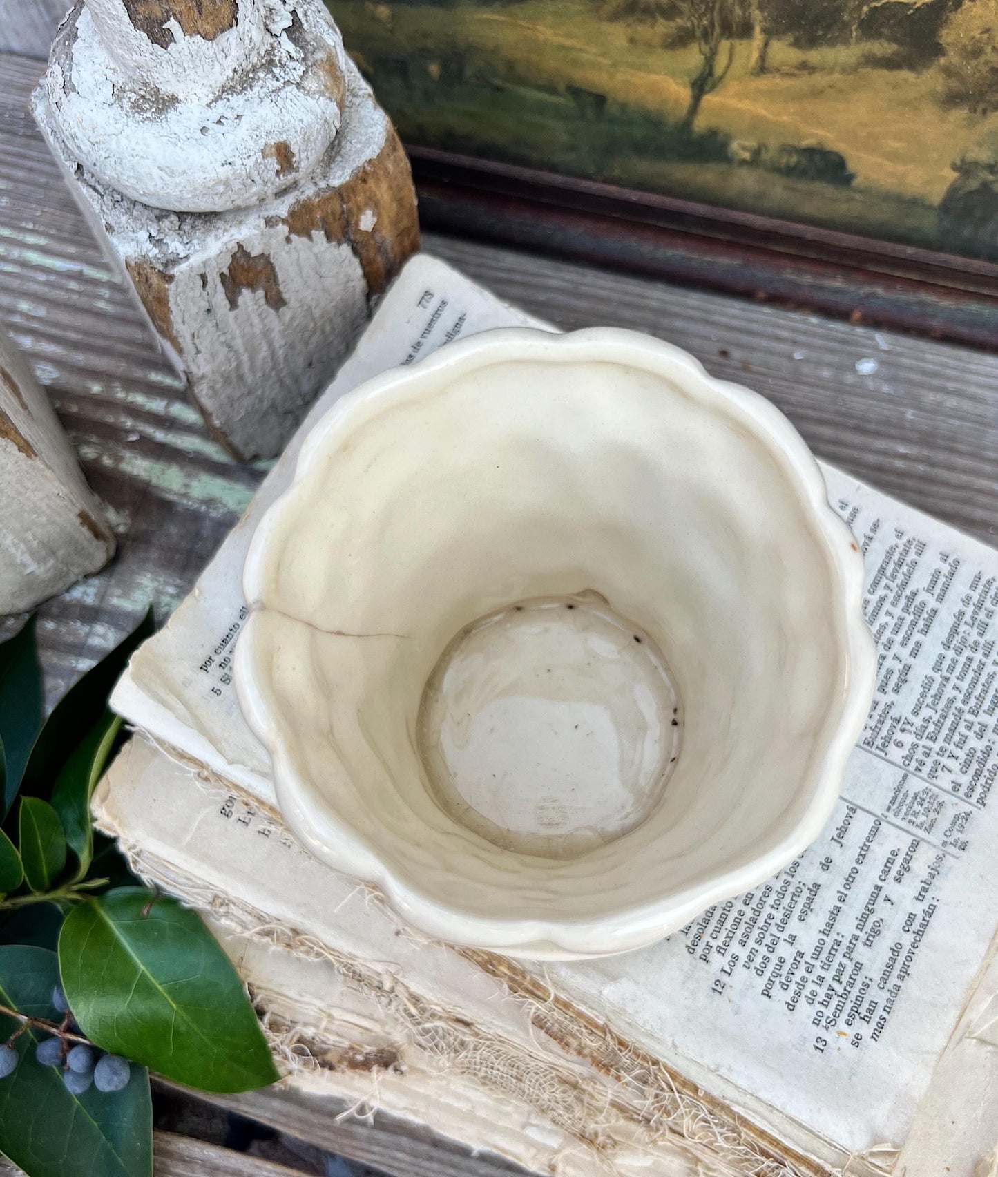 Antique Cream Ivory WHITE BUBBLE Flower Pot With Saucer USA Planter Container Farmhouse Vintage Garden Decor