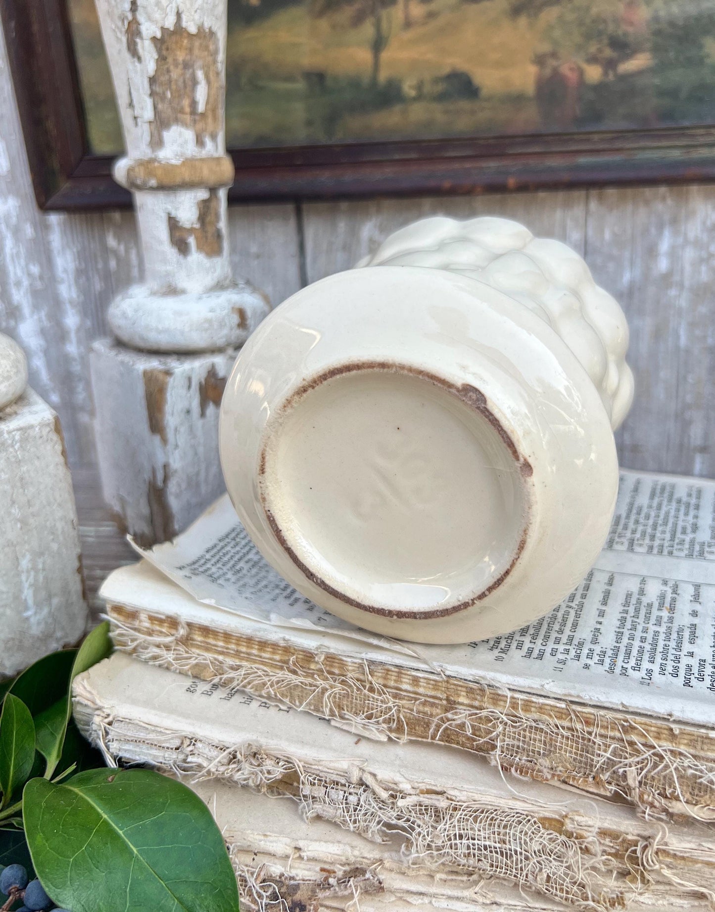 Antique Cream Ivory WHITE BUBBLE Flower Pot With Saucer USA Planter Container Farmhouse Vintage Garden Decor