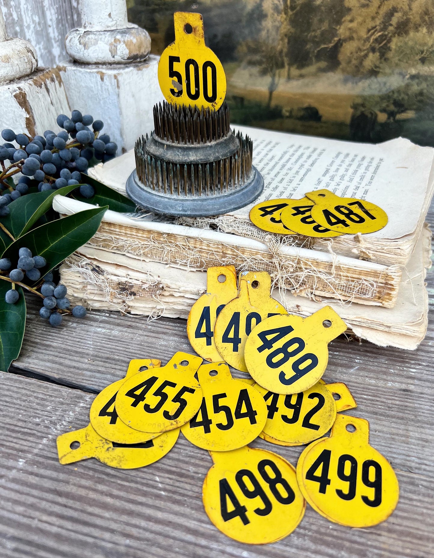 Vintage Metal Cow Tag Number YELLOW Black Industrial Ranch Farm Livestock Animal Farmhouse Decor 456- 500