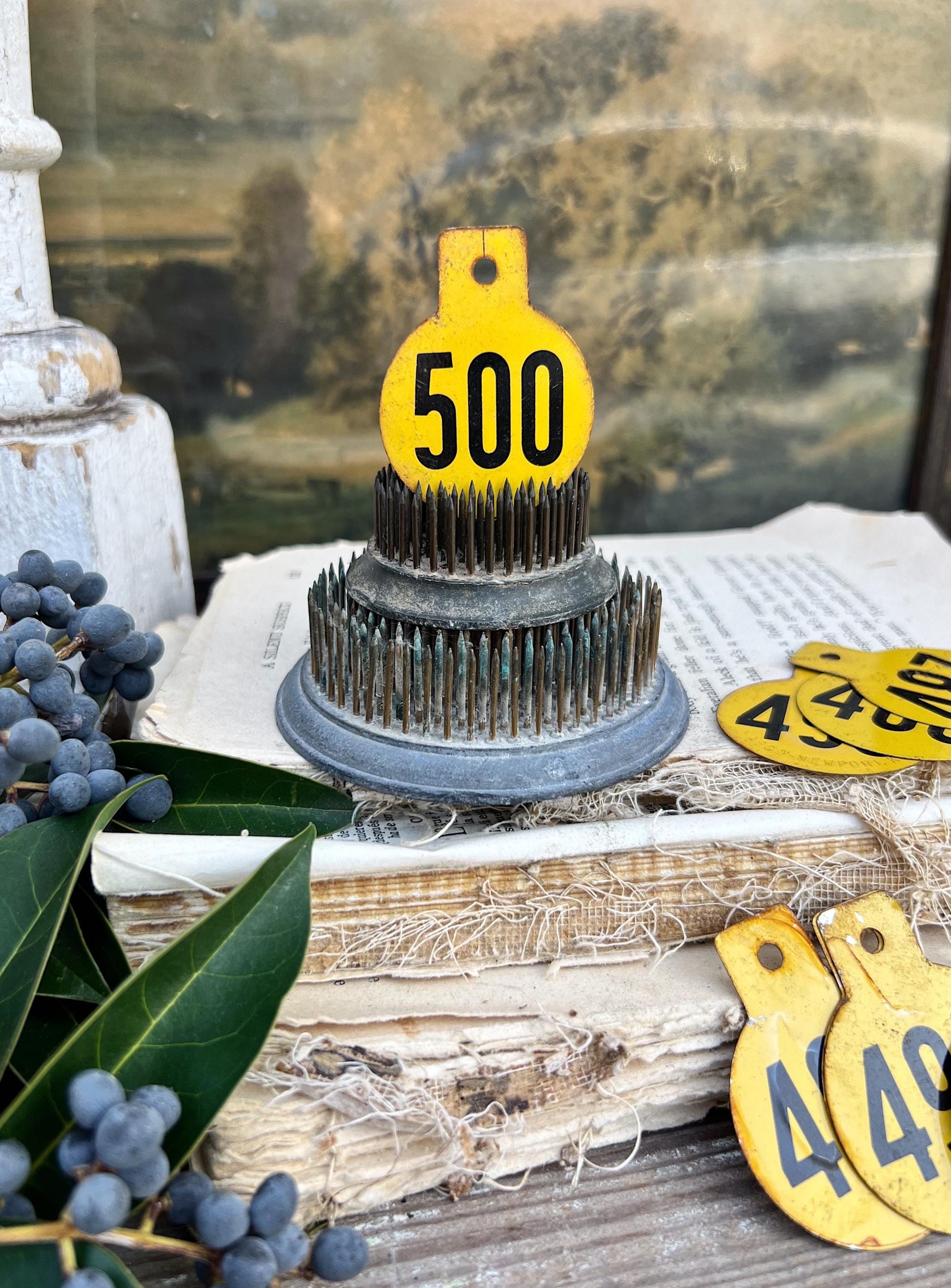 Vintage Metal Cow Tag Number YELLOW Black Industrial Ranch Farm Livestock Animal Farmhouse Decor 456- 500