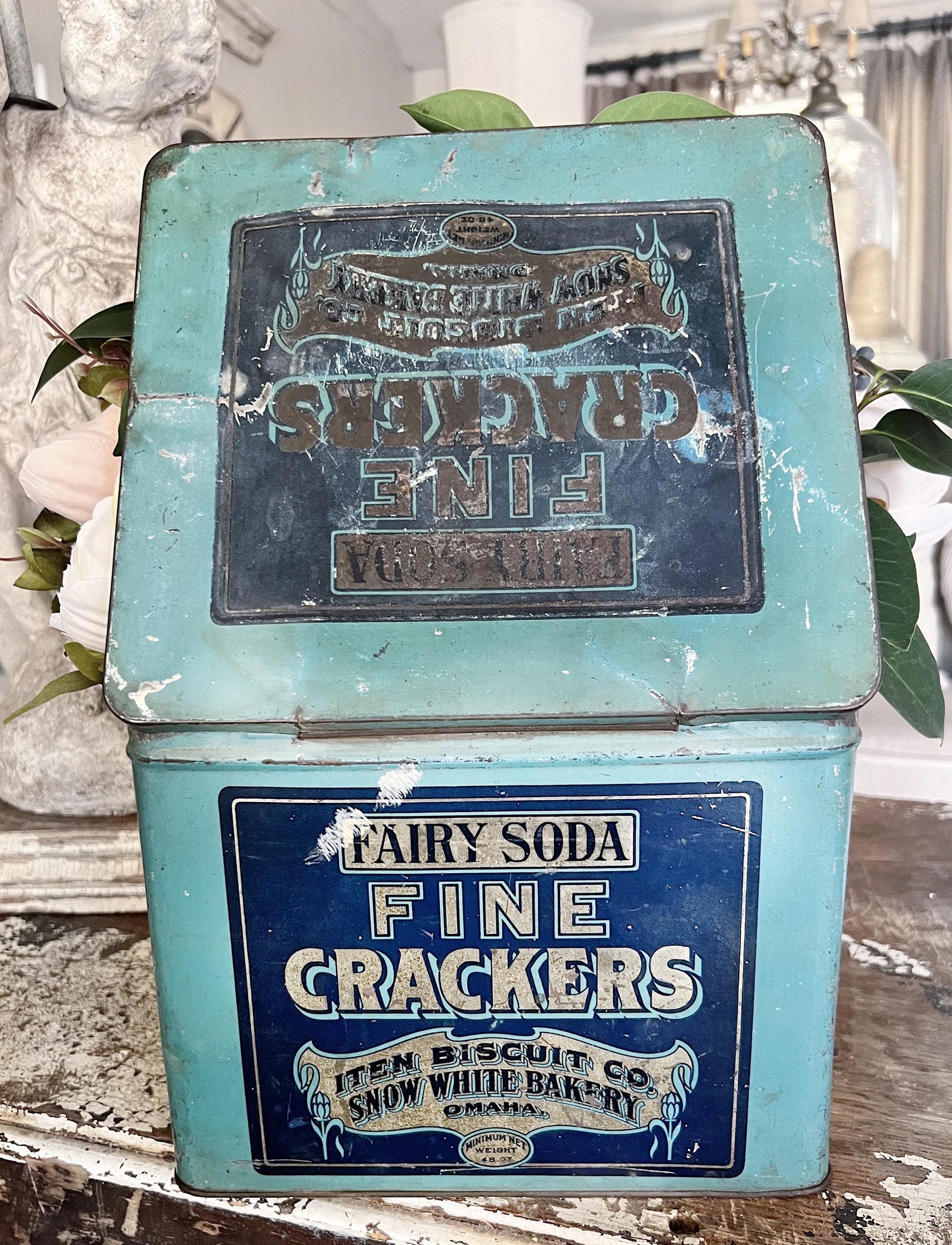 Antique Fairy Soda Fine Crackers Can Tin Canister Metal Box with Lid Vintage Farmhouse Decor Blue Box Gar Iten Biscuit Co Snow White Bakery