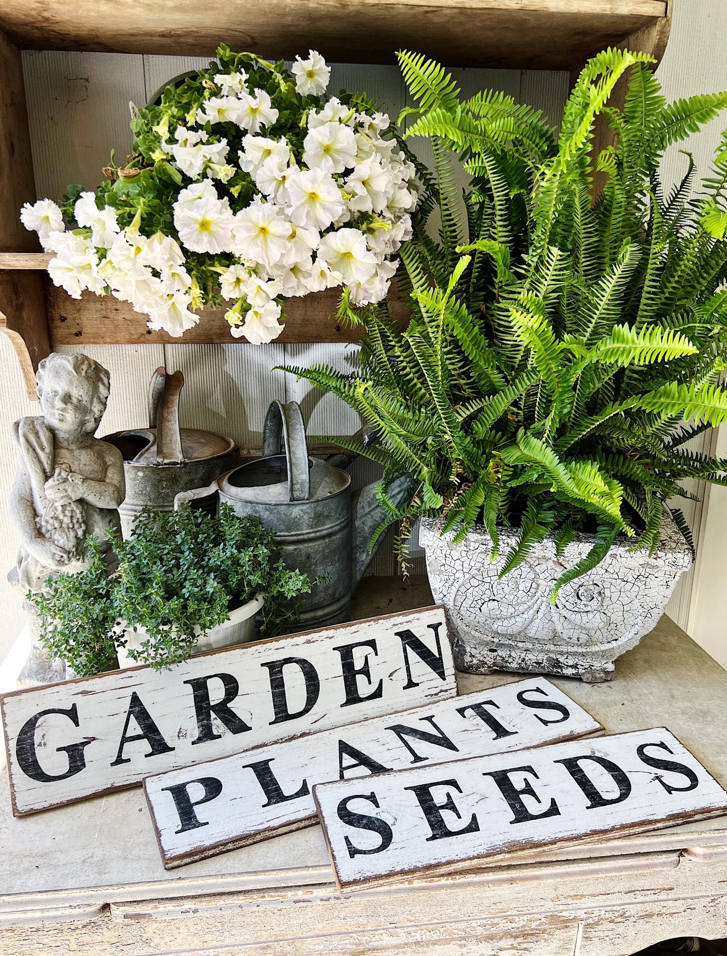GARDEN Sign Salvage Barn Wood Farmhouse Decor Reclaimed White Chippy Paint French Country Architectural Industrial Painted Rustic Wall Sign