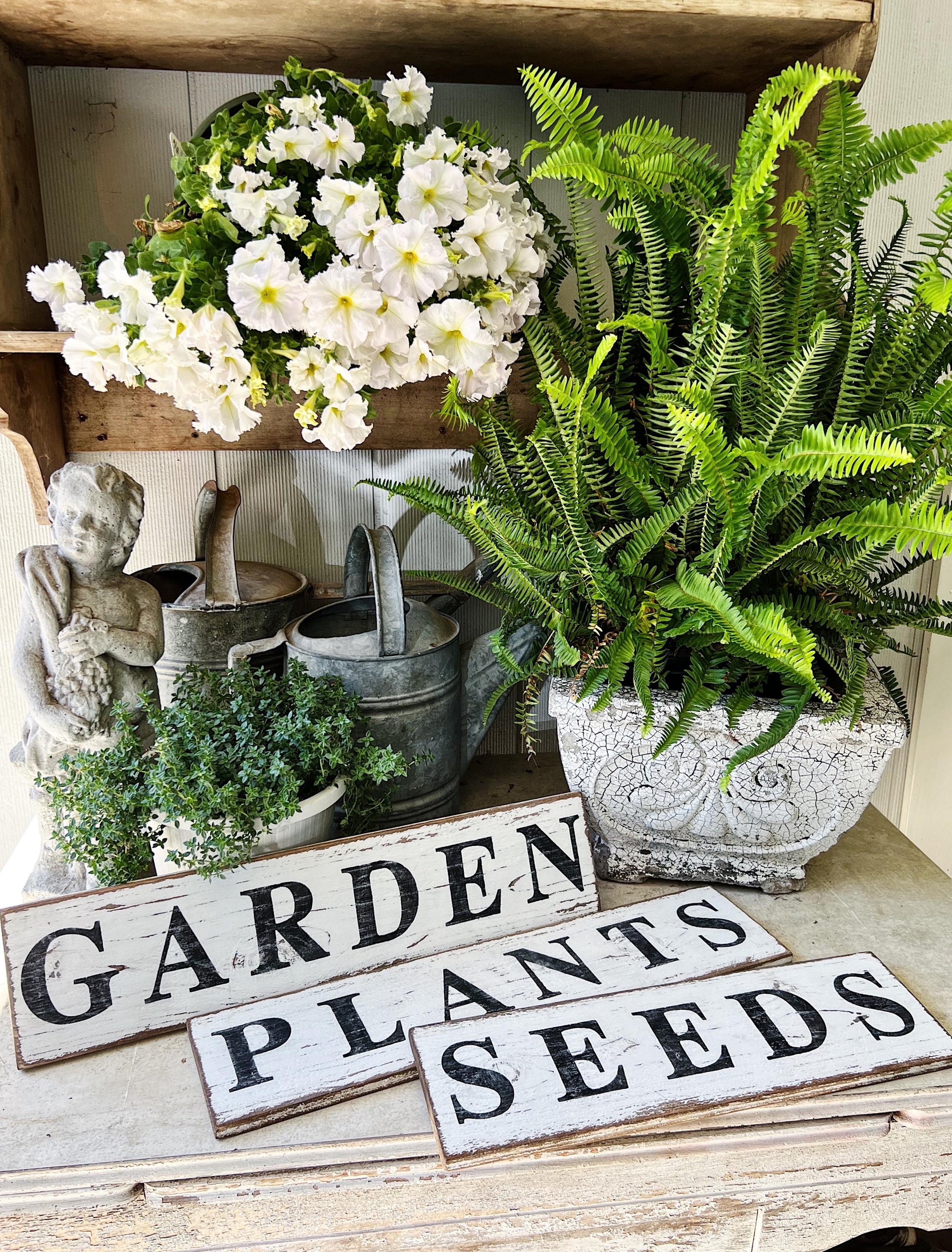 GARDEN Sign Salvage Barn Wood Farmhouse Decor Reclaimed White Chippy Paint French Country Architectural Industrial Painted Rustic Wall Sign