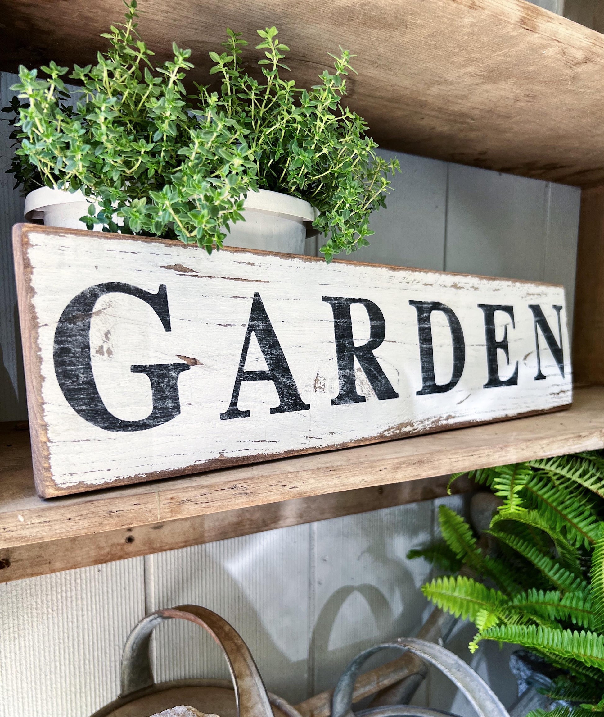 GARDEN Sign Salvage Barn Wood Farmhouse Decor Reclaimed White Chippy Paint French Country Architectural Industrial Painted Rustic Wall Sign