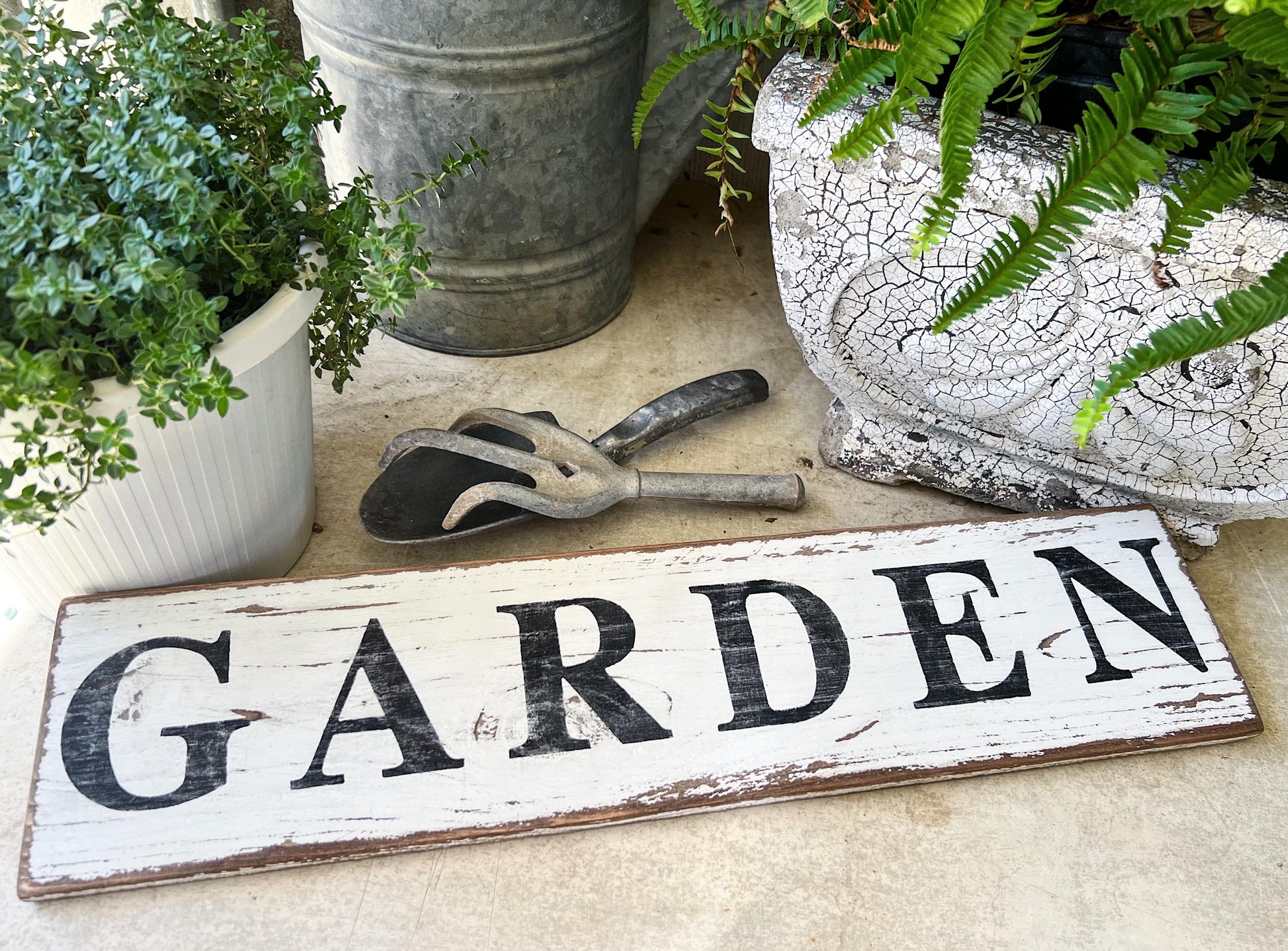 GARDEN Sign Salvage Barn Wood Farmhouse Decor Reclaimed White Chippy Paint French Country Architectural Industrial Painted Rustic Wall Sign