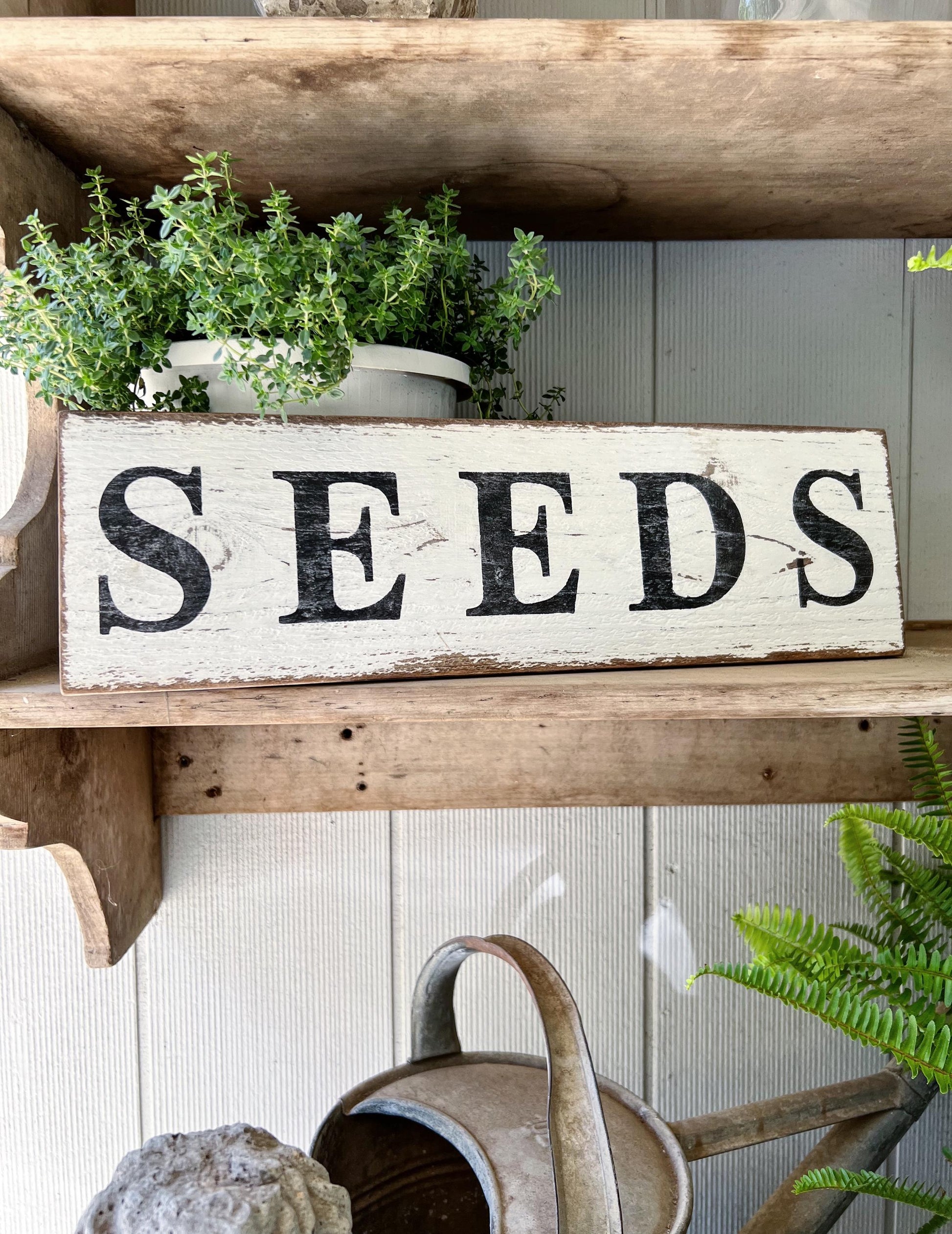 Handmade Farmhouse SEEDS Sign, Salvaged Barn Wood, White Chippy Paint