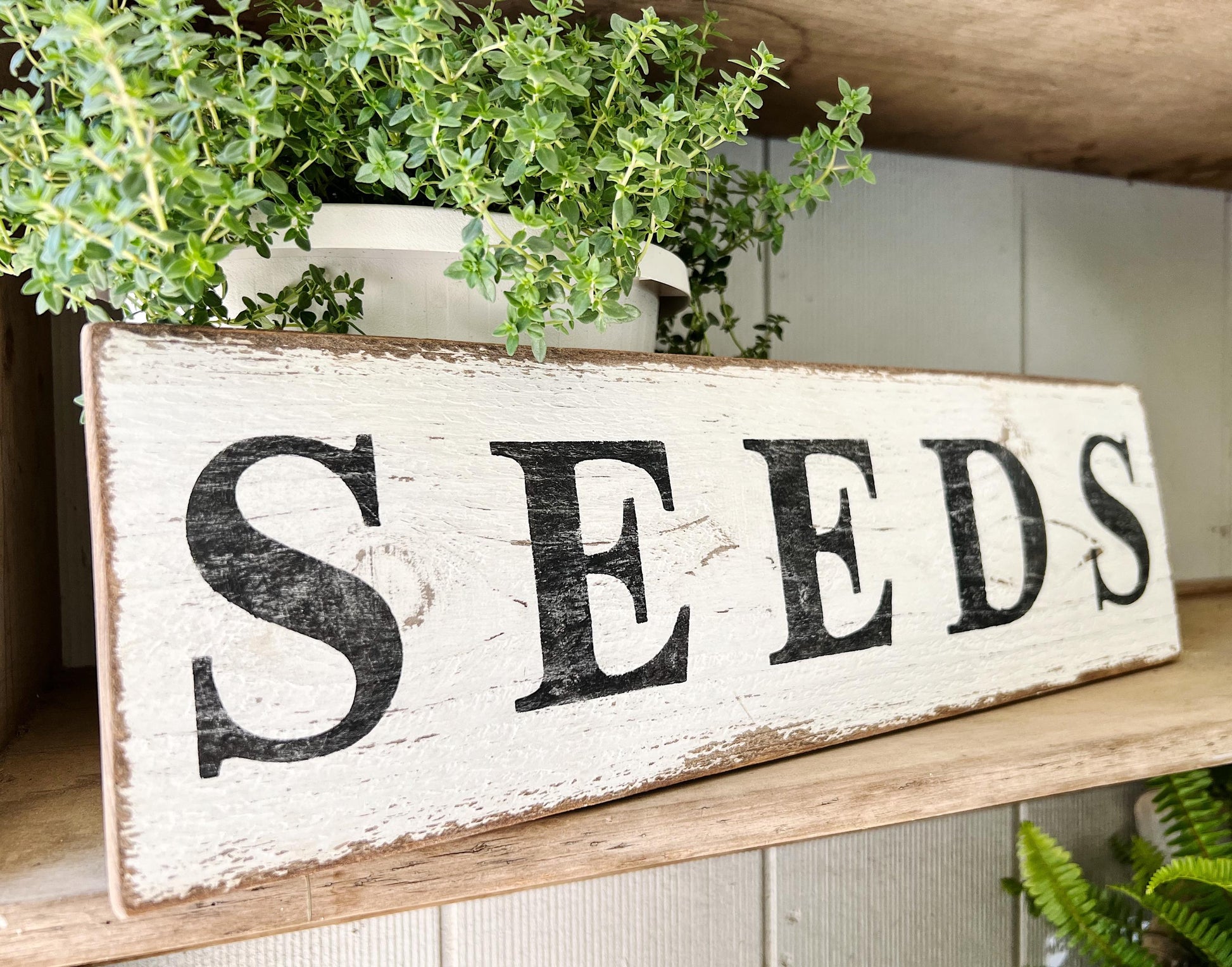 Handmade Farmhouse SEEDS Sign, Salvaged Barn Wood, White Chippy Paint