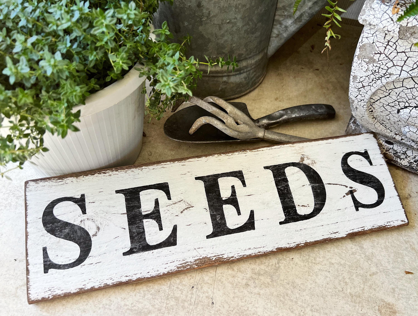 Handmade Farmhouse SEEDS Sign, Salvaged Barn Wood, White Chippy Paint