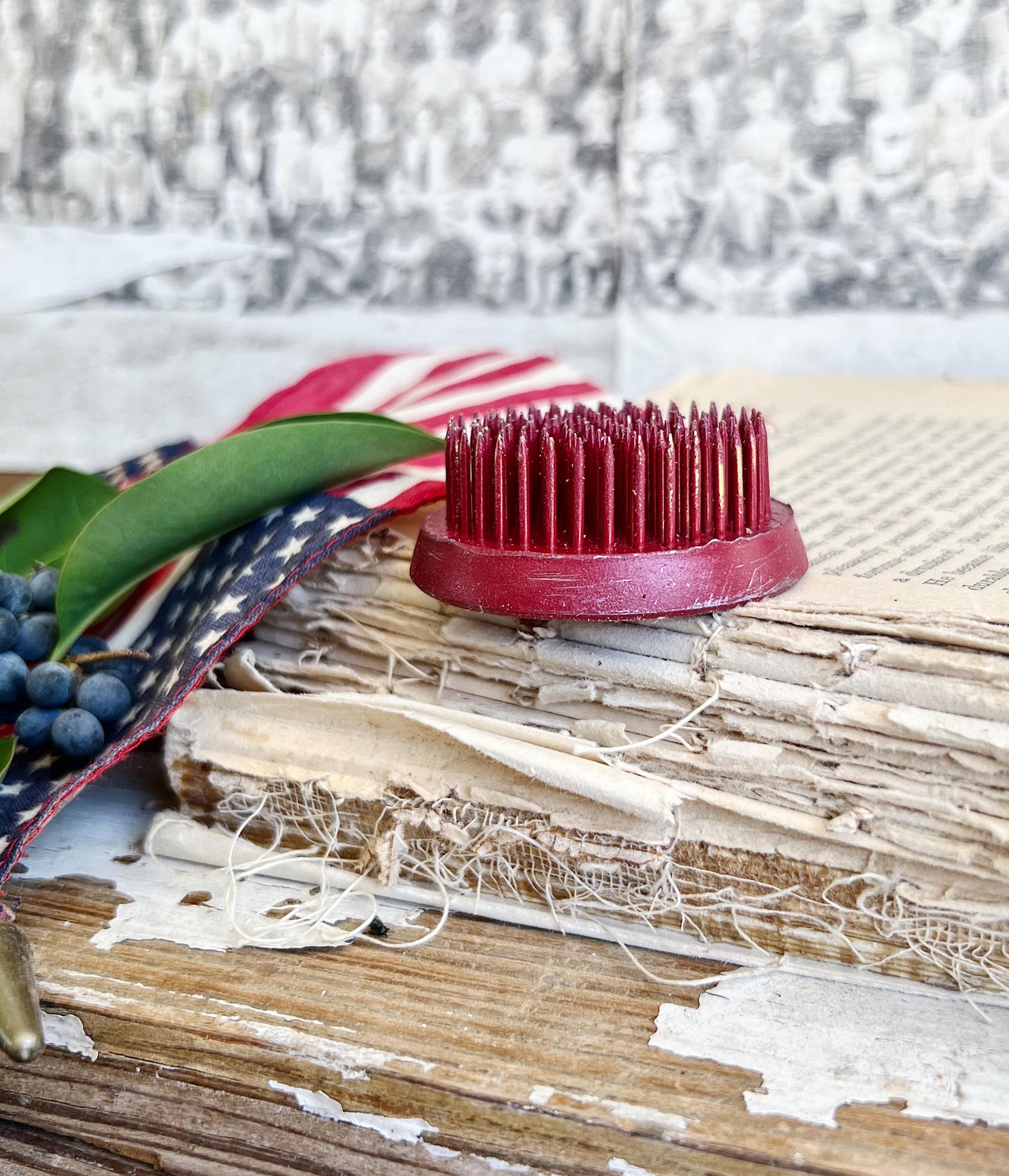 Vintage RED Metal Floral Frog Round Antique Flower Garden Display Farmhouse Decor Style Industrial Salvage AMERICANA USA