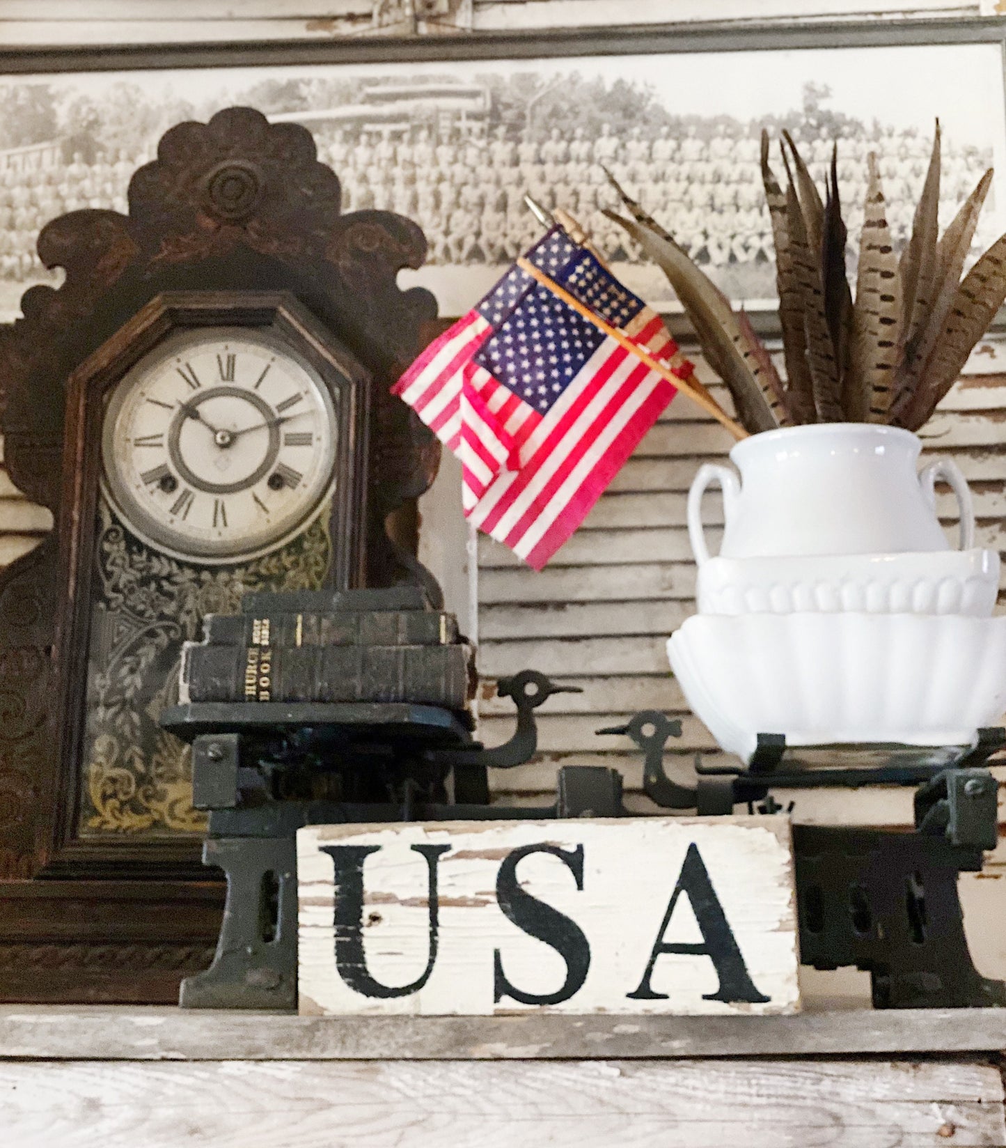 USA Sign Chippy WHITE Original Authentic Paint FARMHOUSE Vintage Salvaged Barn Wood Reclaimed Architectural Black Primitive Americana Decor