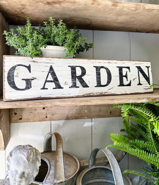 GARDEN Sign Salvage Barn Wood Farmhouse Decor Reclaimed White Chippy Paint French Country Architectural Industrial Painted Rustic Wall Sign