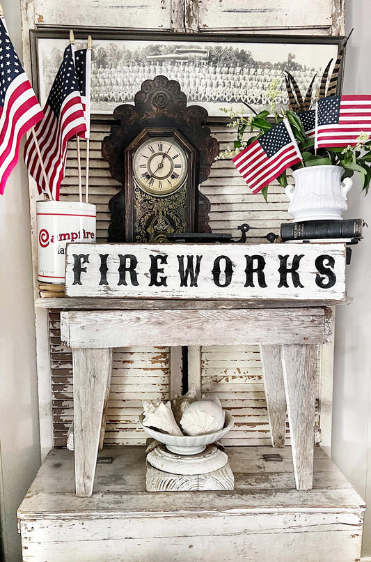 FIREWORKS Sign Salvage Barn Wood Americana Farmhouse Decor Reclaimed White Chippy Paint Architectural Industrial Rustic Wall Sign