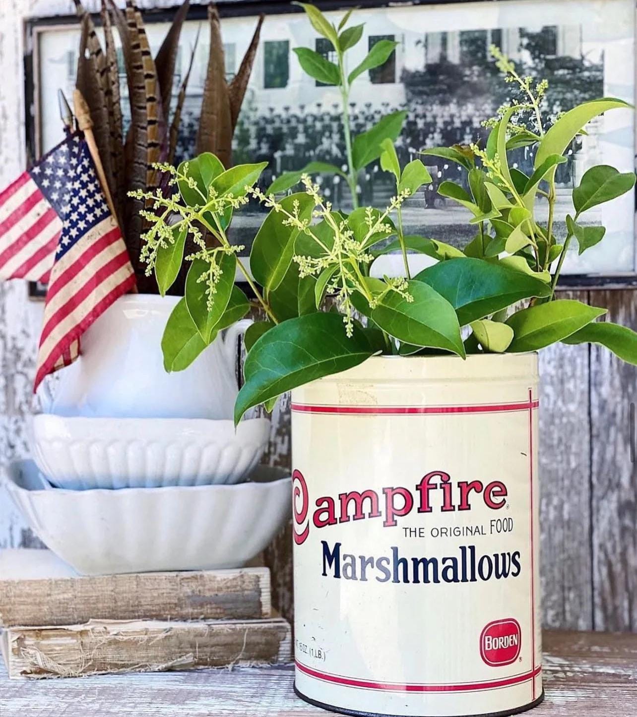 Vintage CAMPFIRE MARSHMALLOWS Tin Can Americana Farmhouse Decor