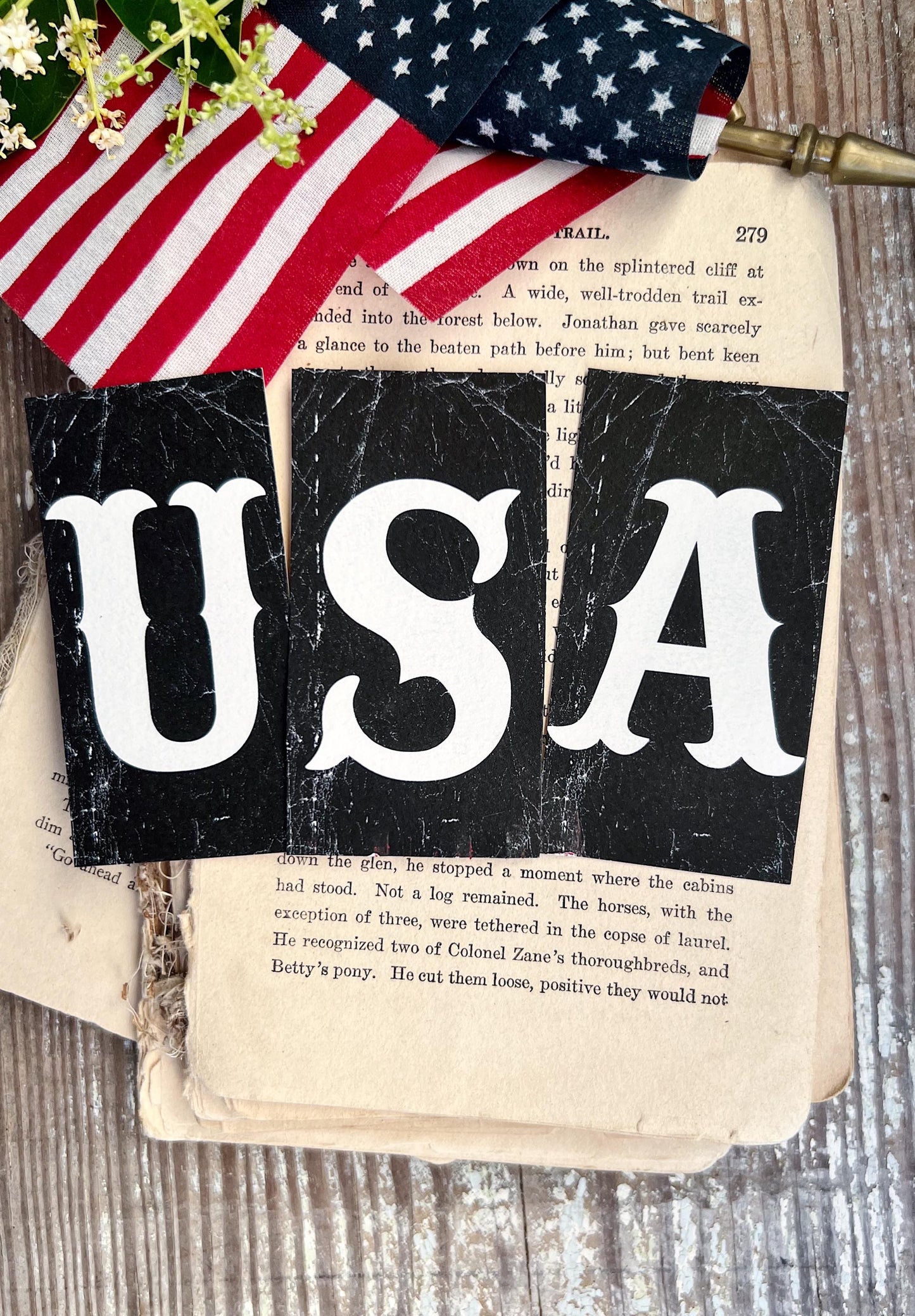 USA Letters BLACK Card Sign Set Farmhouse Decor Cardstock Vintage Style Church Gothic Patriotic Americana