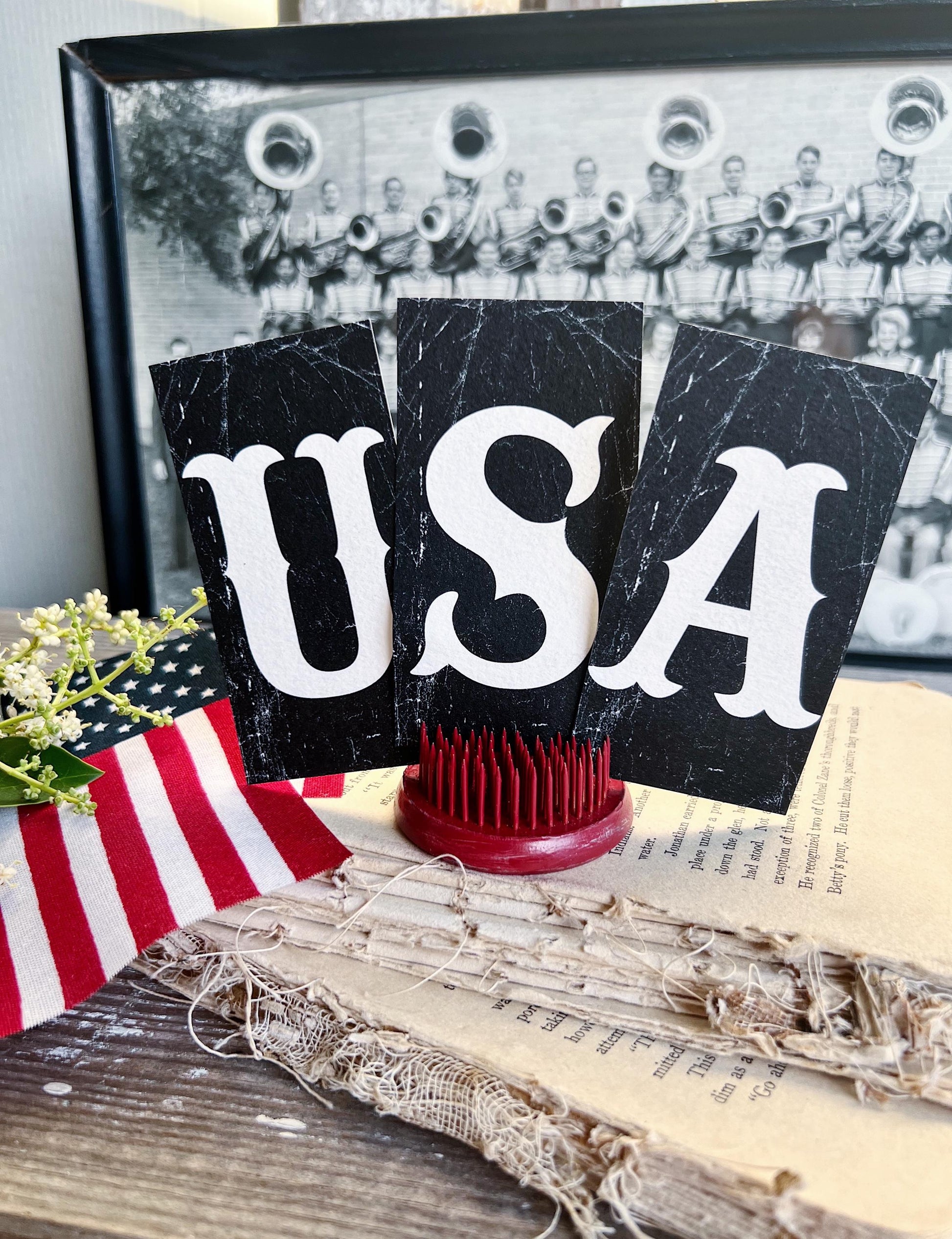 USA Letters BLACK Card Sign Set Farmhouse Decor Cardstock Vintage Style Church Gothic Patriotic Americana