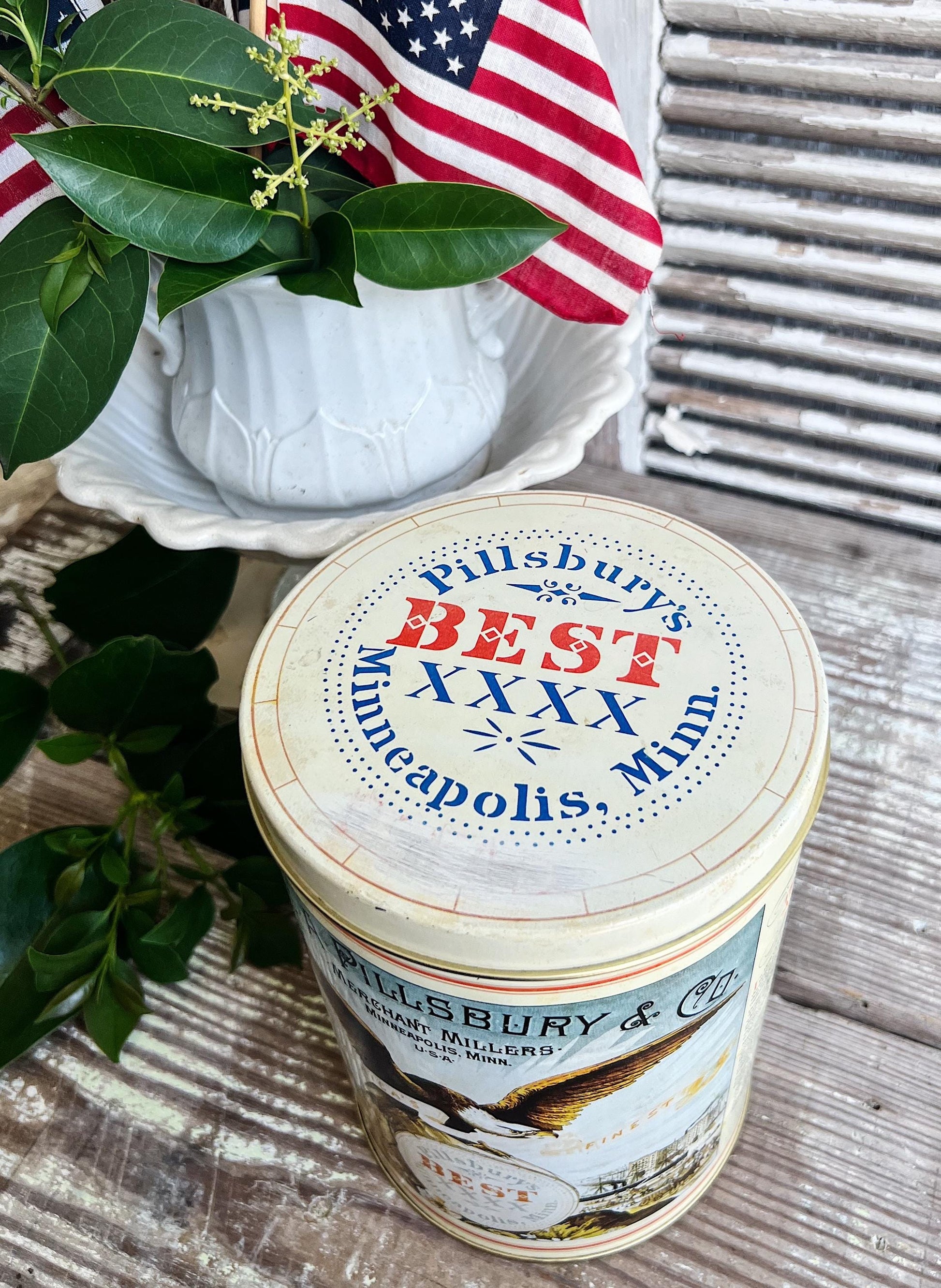 Vintage PILLSBURY EAGLE Can Tin Canister Farmhouse Decor Americana Decor