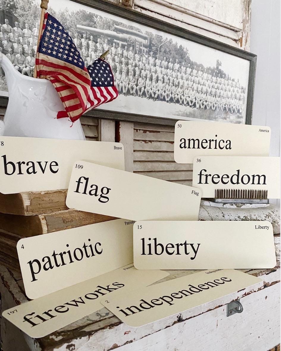 AMERICA Flash Cards LARGE Vintage Inspired Word Flashcard SET Of 8 Americana Farmhouse Patriotic Freedom Independence July 4th Americana