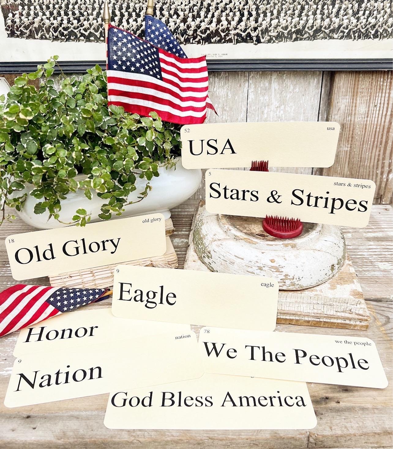 USA Flash Cards LARGE Vintage Inspired Word Flashcard SET Of 8 Americana Farmhouse Independence July 4th America Glory Nation