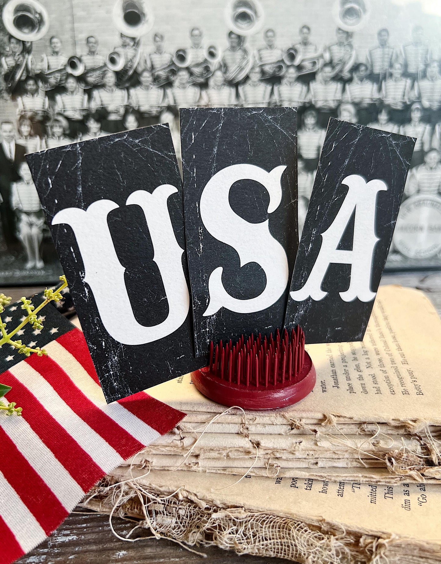 USA Letters BLACK Card Sign Set Farmhouse Decor Cardstock Vintage Style Church Gothic Patriotic Americana