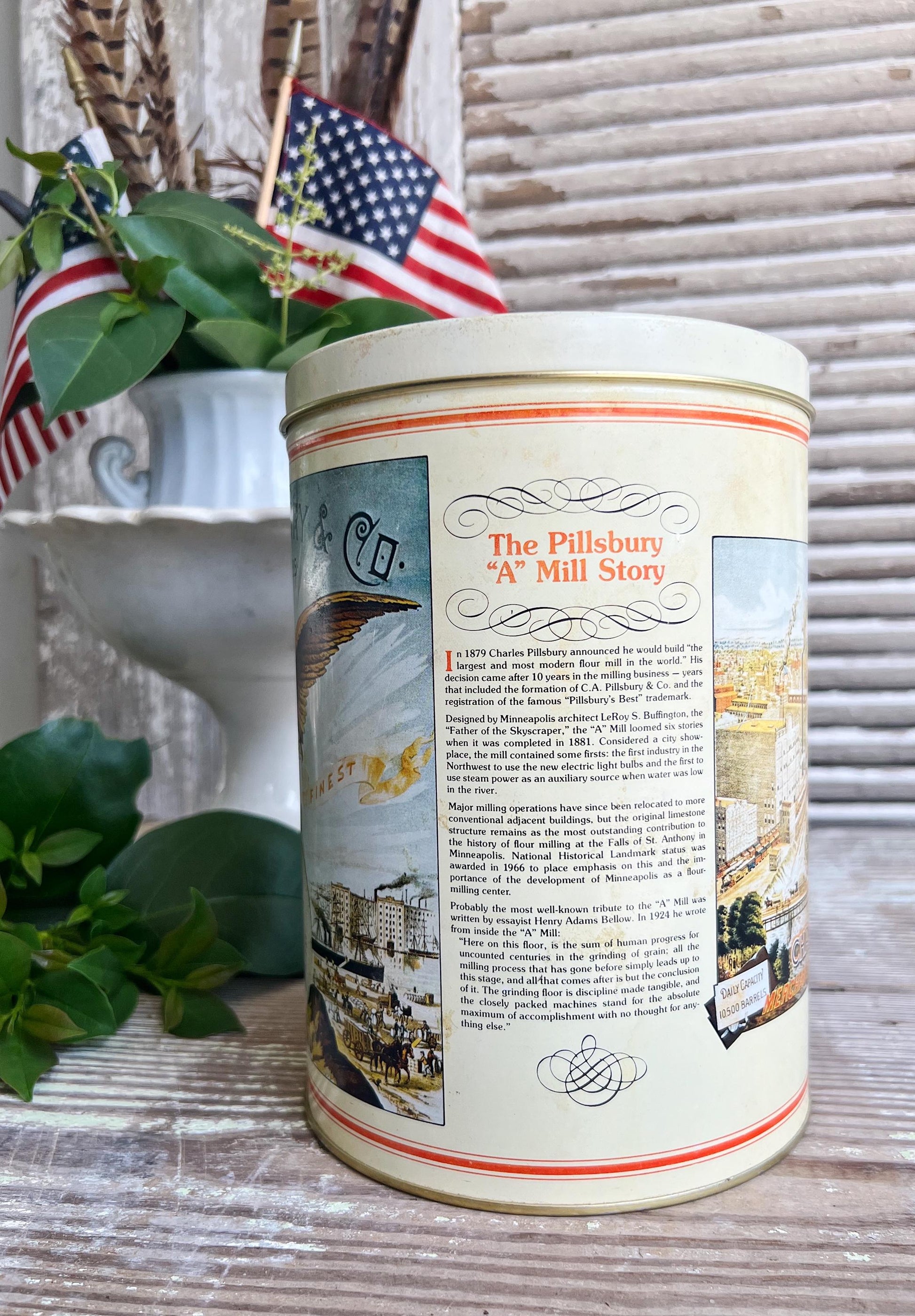 Vintage PILLSBURY EAGLE Can Tin Canister Farmhouse Decor Americana Decor