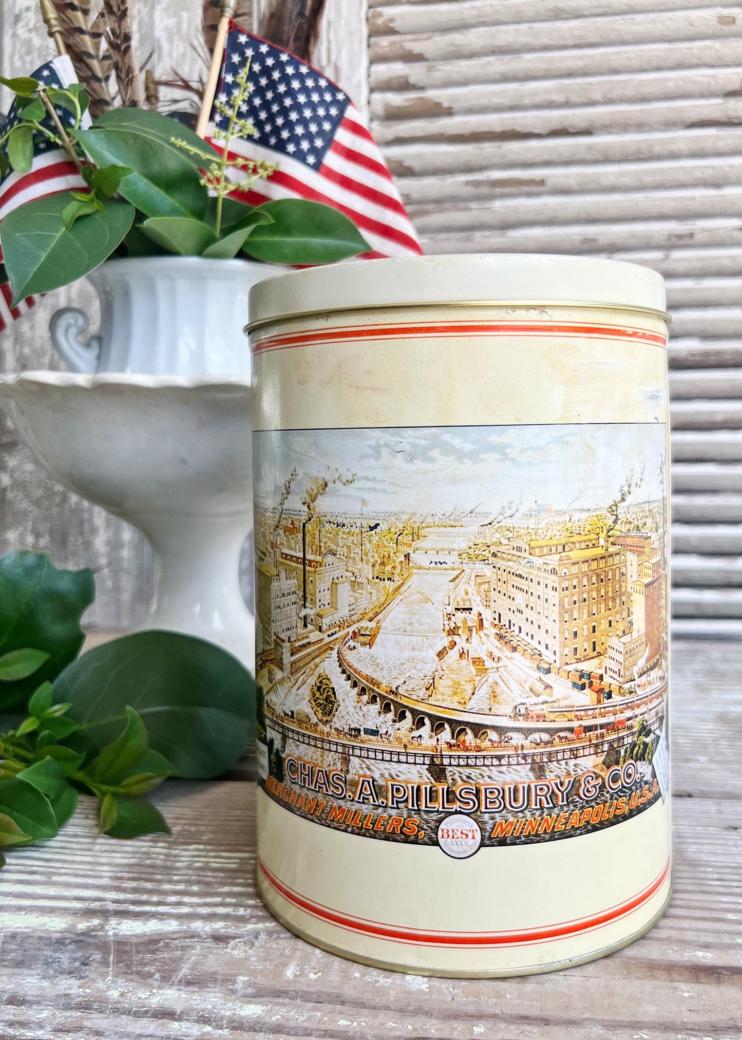 Vintage PILLSBURY EAGLE Can Tin Canister Farmhouse Decor Americana Decor
