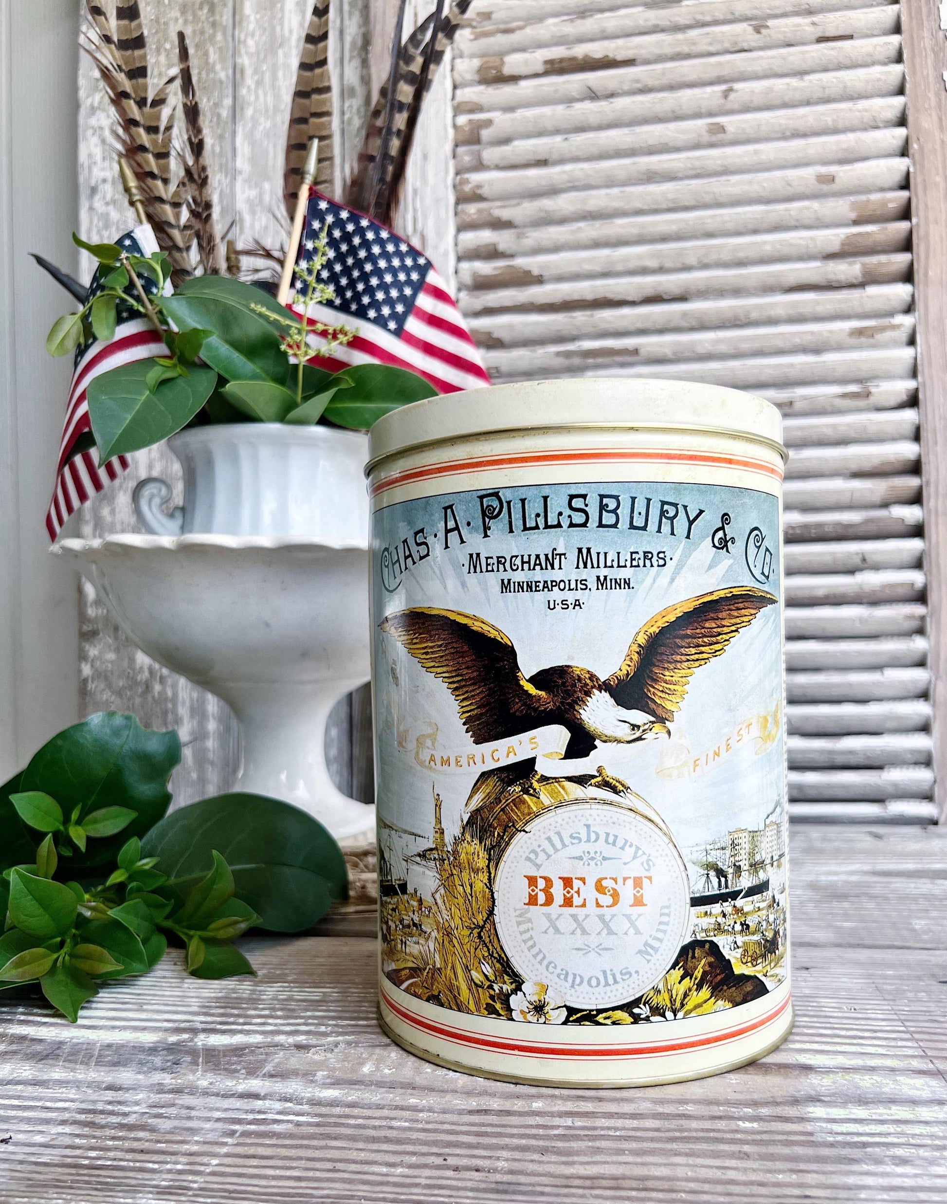 Vintage PILLSBURY EAGLE Can Tin Canister Farmhouse Decor Americana Decor