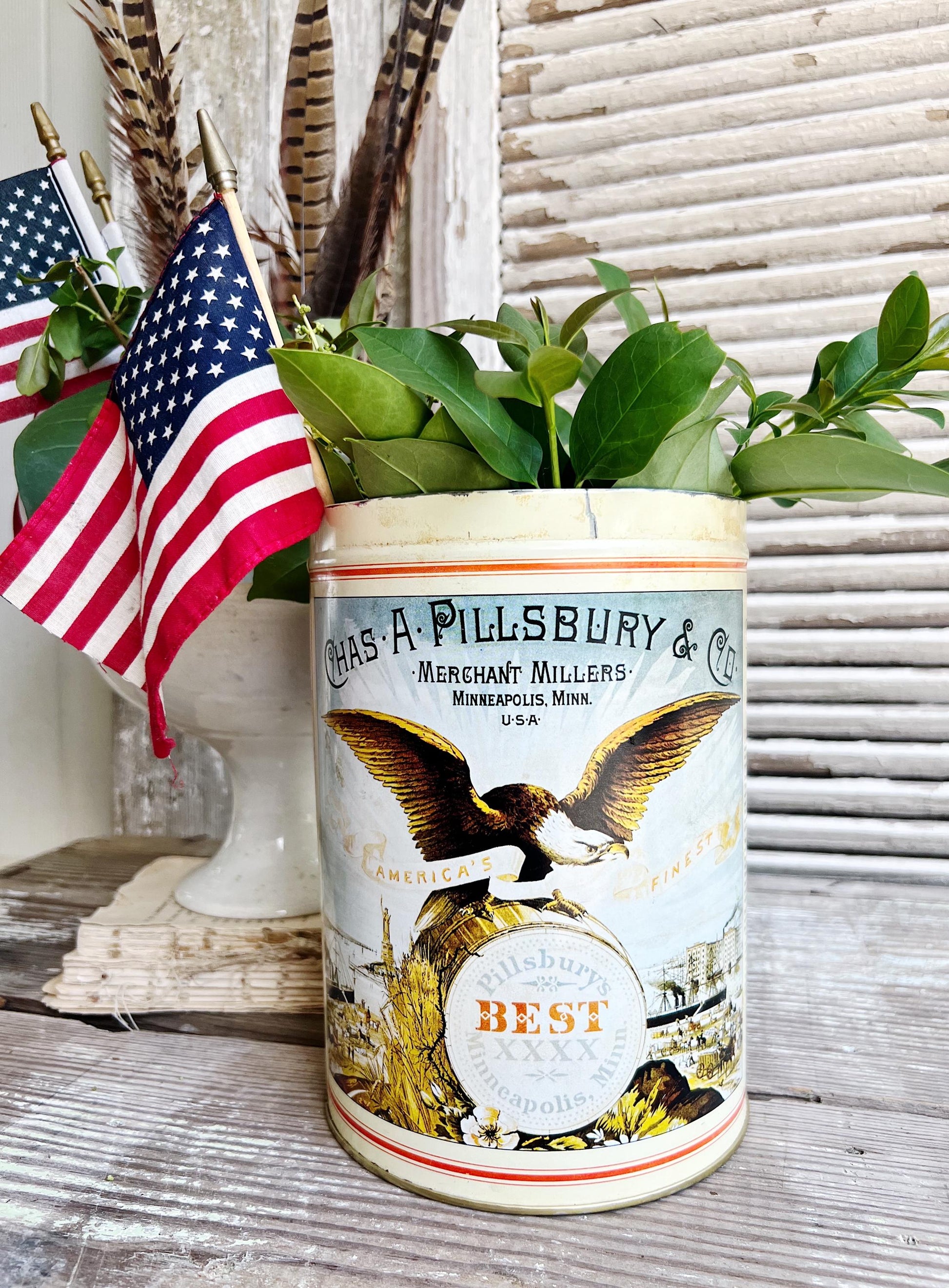 Vintage PILLSBURY EAGLE Can Tin Canister Farmhouse Decor Americana Decor