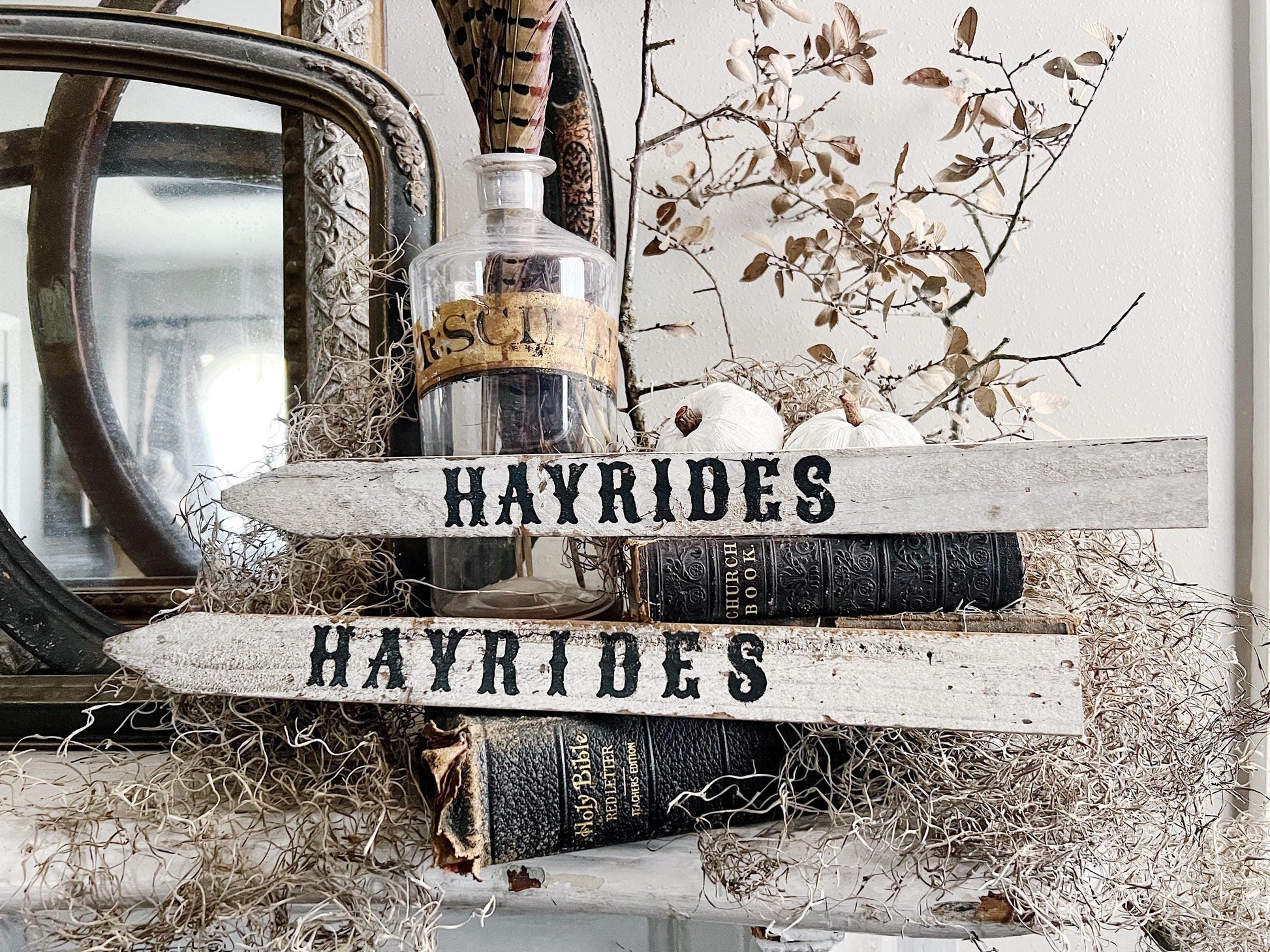 HAYRIDES Arrow Sign HALLOWEEN FALL Vintage Salvage Barn Wood Reclaimed White Chippy Paint Farmhouse Decor Architectural Gothic Black White