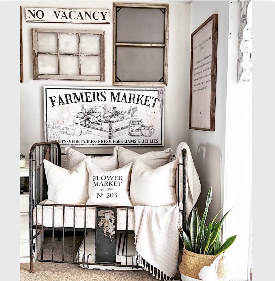 NO VACANCY Farmhouse Sign Painted Salvage Barn Wood Reclaimed Primitive White Chippy Black Paint Architectural Farmhouse Decor