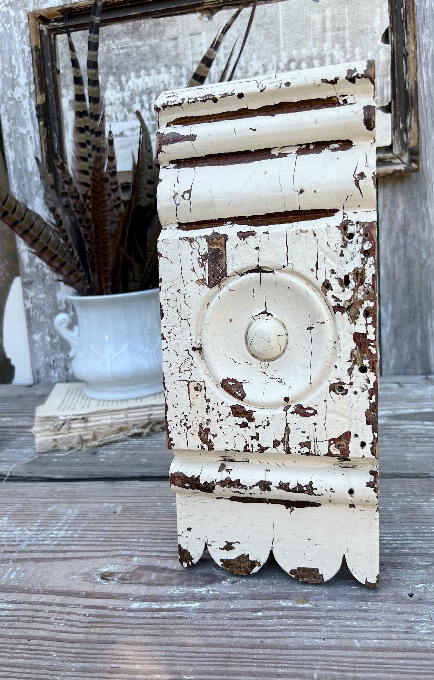 Antique EASTLAKE Plith CHIPPY WHITE Salvaged Pediment Architectural Wood Accent Trim Detail Reclaimed Farmhouse Rustic Decor