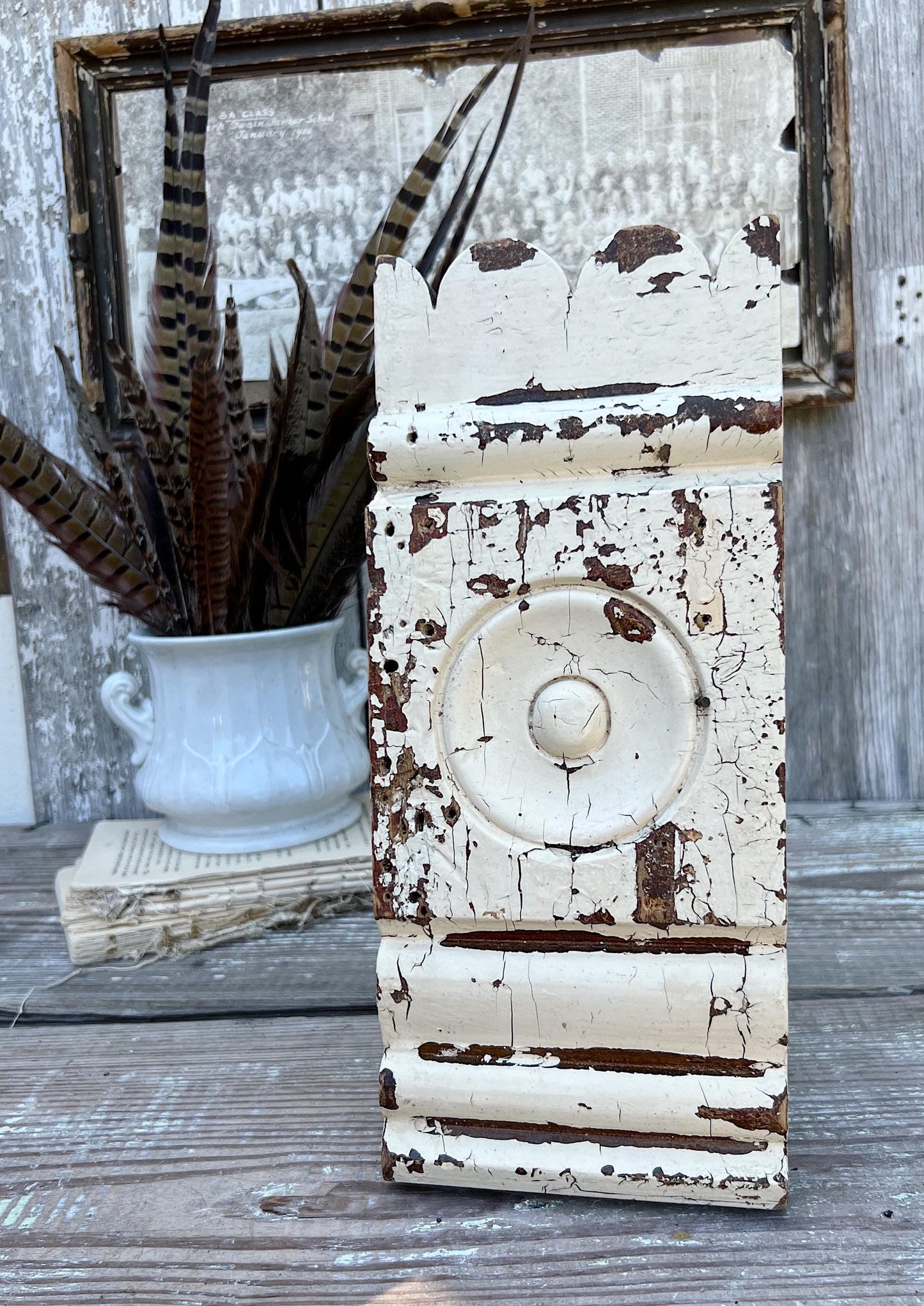 Antique EASTLAKE Plith CHIPPY WHITE Salvaged Pediment Architectural Wood Accent Trim Detail Reclaimed Farmhouse Rustic Decor