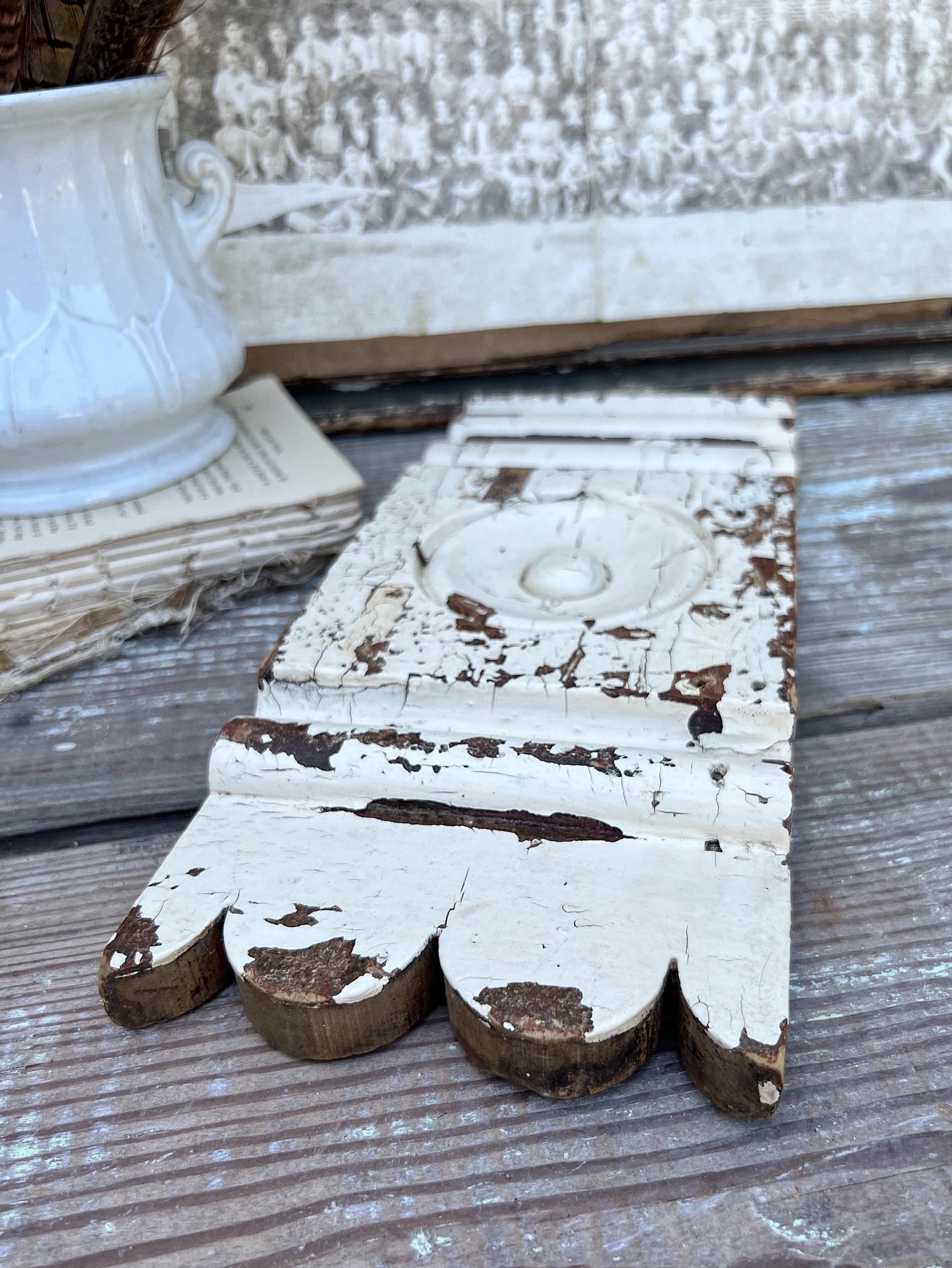 Antique EASTLAKE Plith CHIPPY WHITE Salvaged Pediment Architectural Wood Accent Trim Detail Reclaimed Farmhouse Rustic Decor