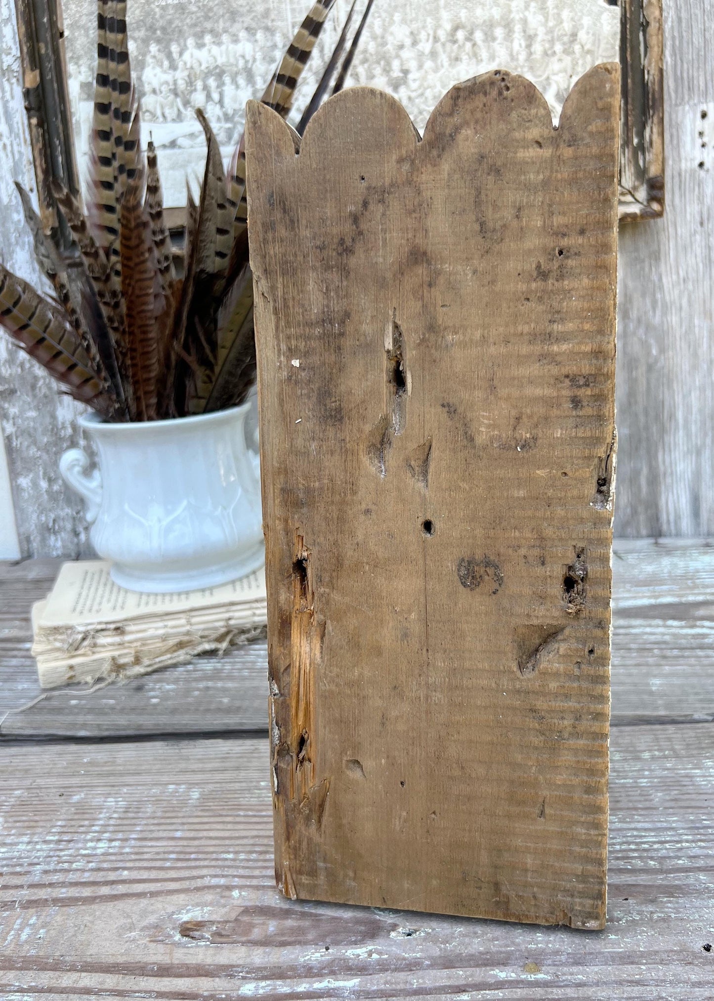 Antique EASTLAKE Plith CHIPPY WHITE Salvaged Pediment Architectural Wood Accent Trim Detail Reclaimed Farmhouse Rustic Decor