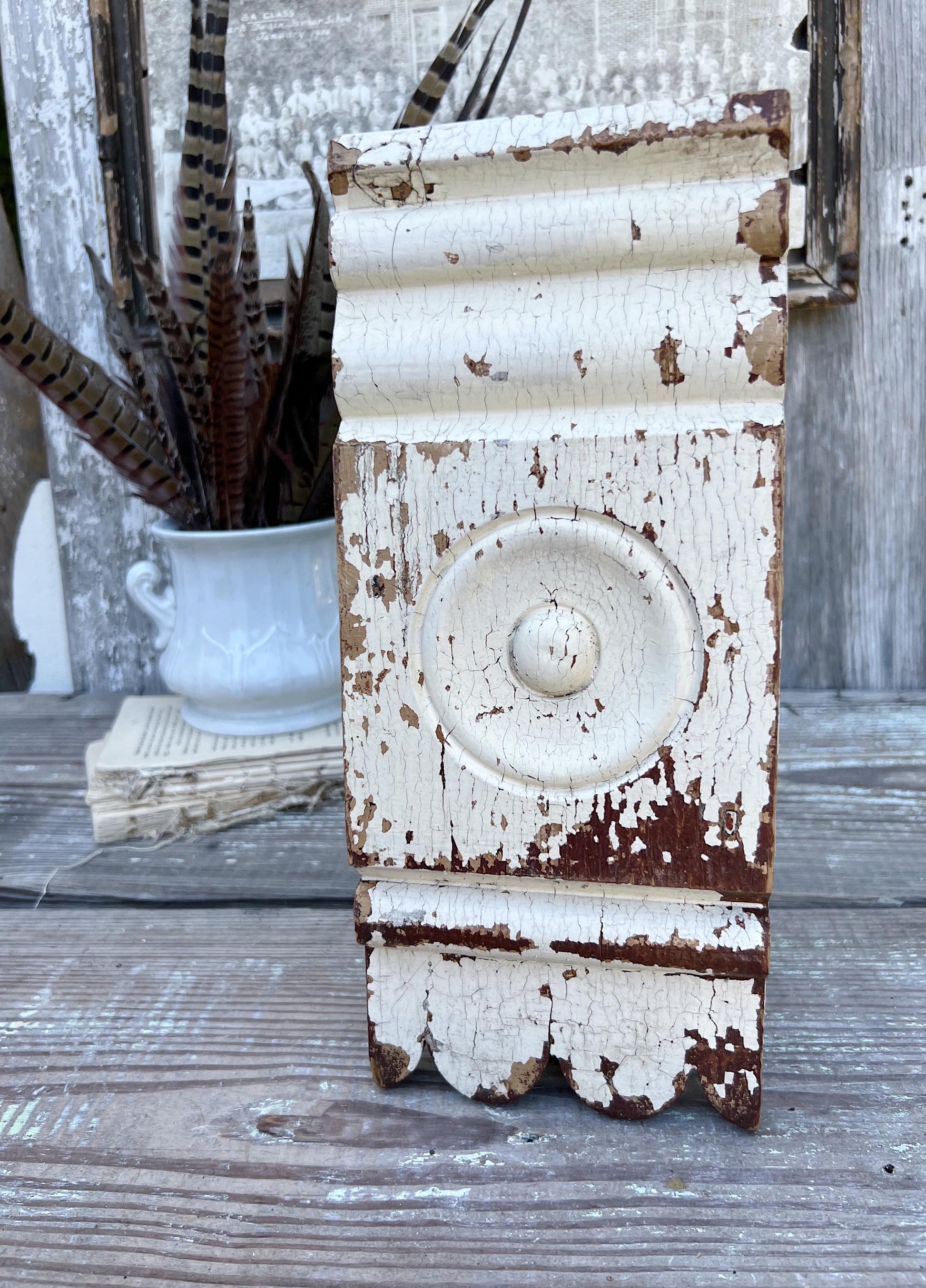Antique EASTLAKE Plith CHIPPY WHITE Salvaged Pediment Architectural Wood Accent Trim Detail Reclaimed Farmhouse Rustic Decor