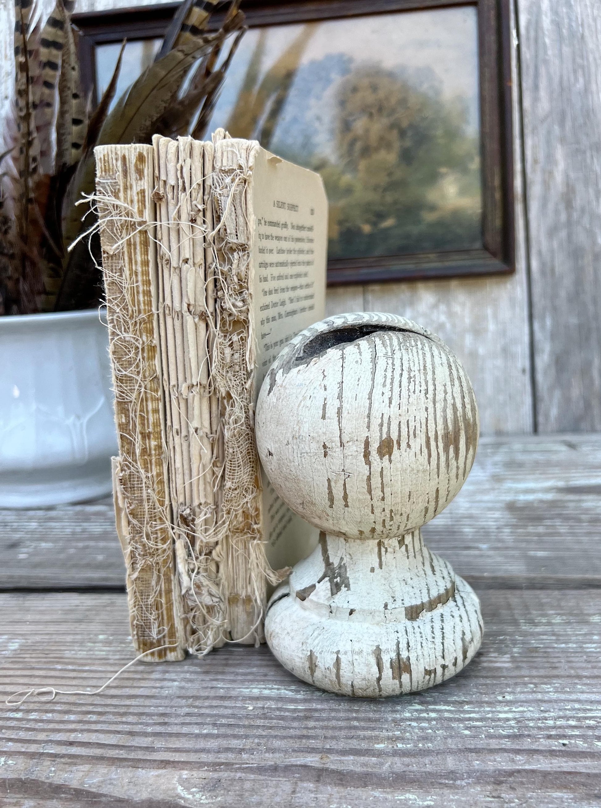 Vintage Chippy White Wood BALL Finial Newell Post Cap Carved Wood