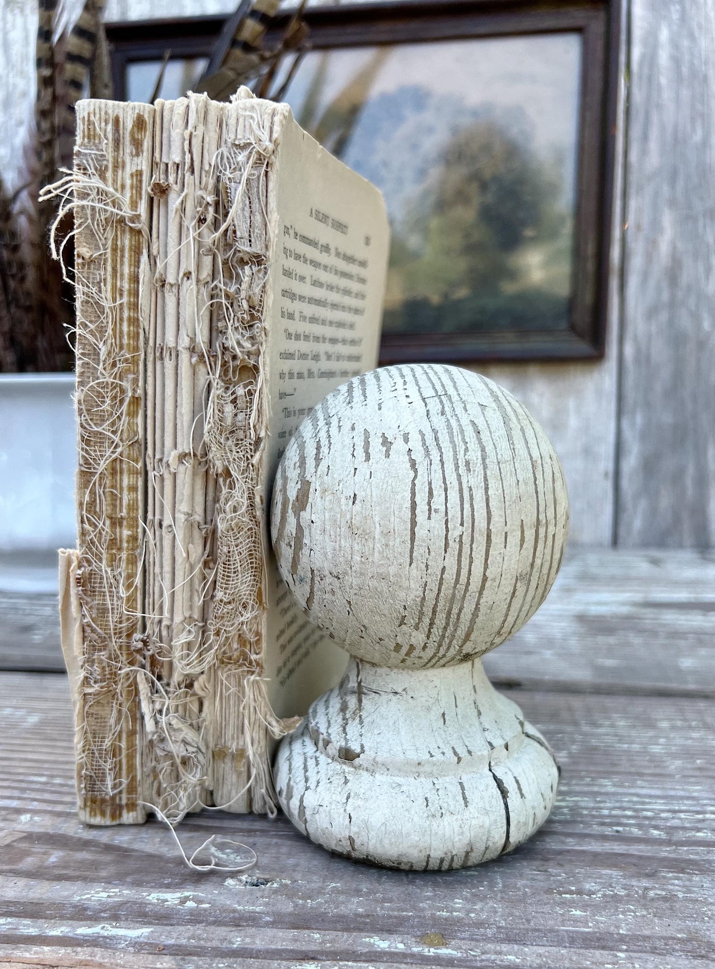 Vintage Chippy White Wood BALL Finial Newell Post Cap Carved Wood