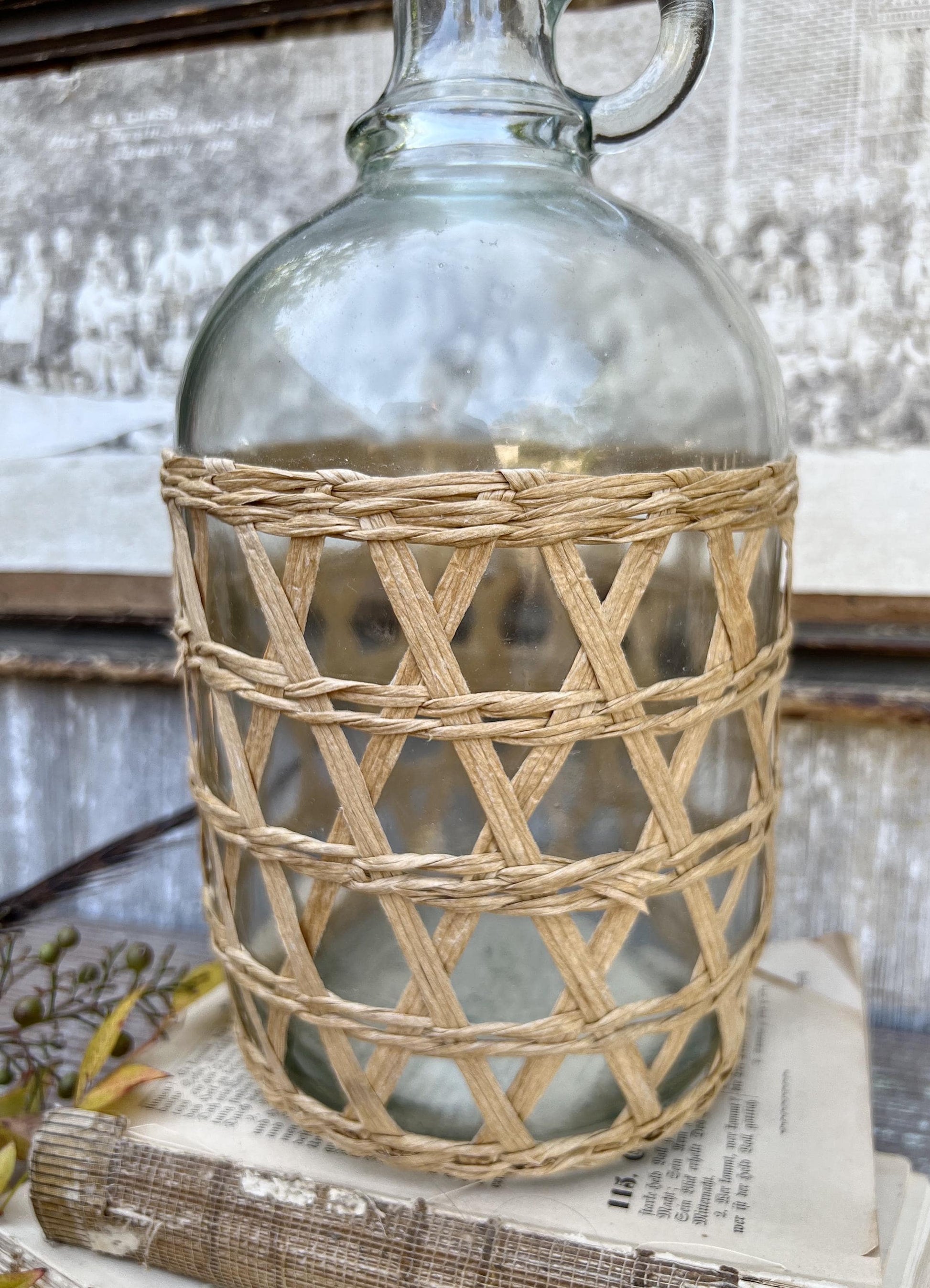 Antique Glass Demi John Bottle WICKER Light Brown Handle Farmhouse French Decor Jug
