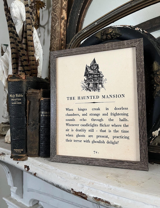 HAUNTED HOUSE MANSION Vintage Halloween Book Page Sign Wood Frame Primitive Fall Decor