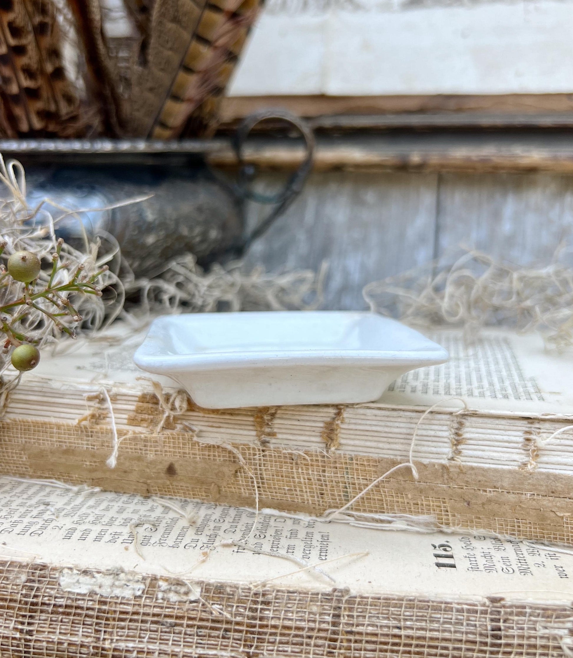 Antique White Ironstone SQUARE Butter Pat Farmhouse Decor Stained Grungy Crazing
