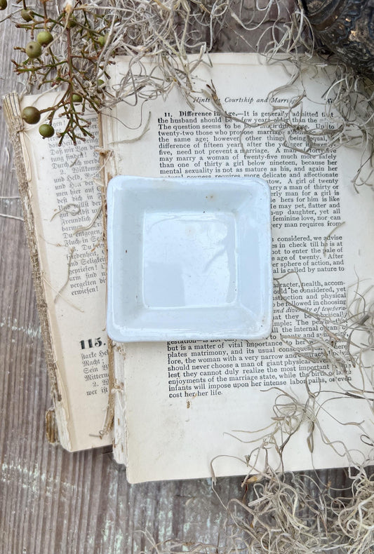 Antique White Ironstone SQUARE Butter Pat Farmhouse Decor Stained Grungy Crazing