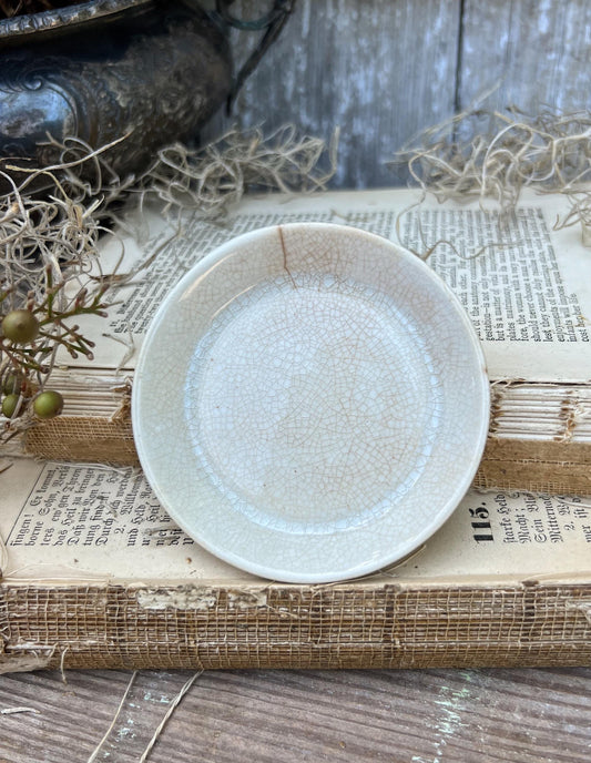 Antique Crazed Stained White Ironstone Butter Pat Farmhouse Decor Butter Dish