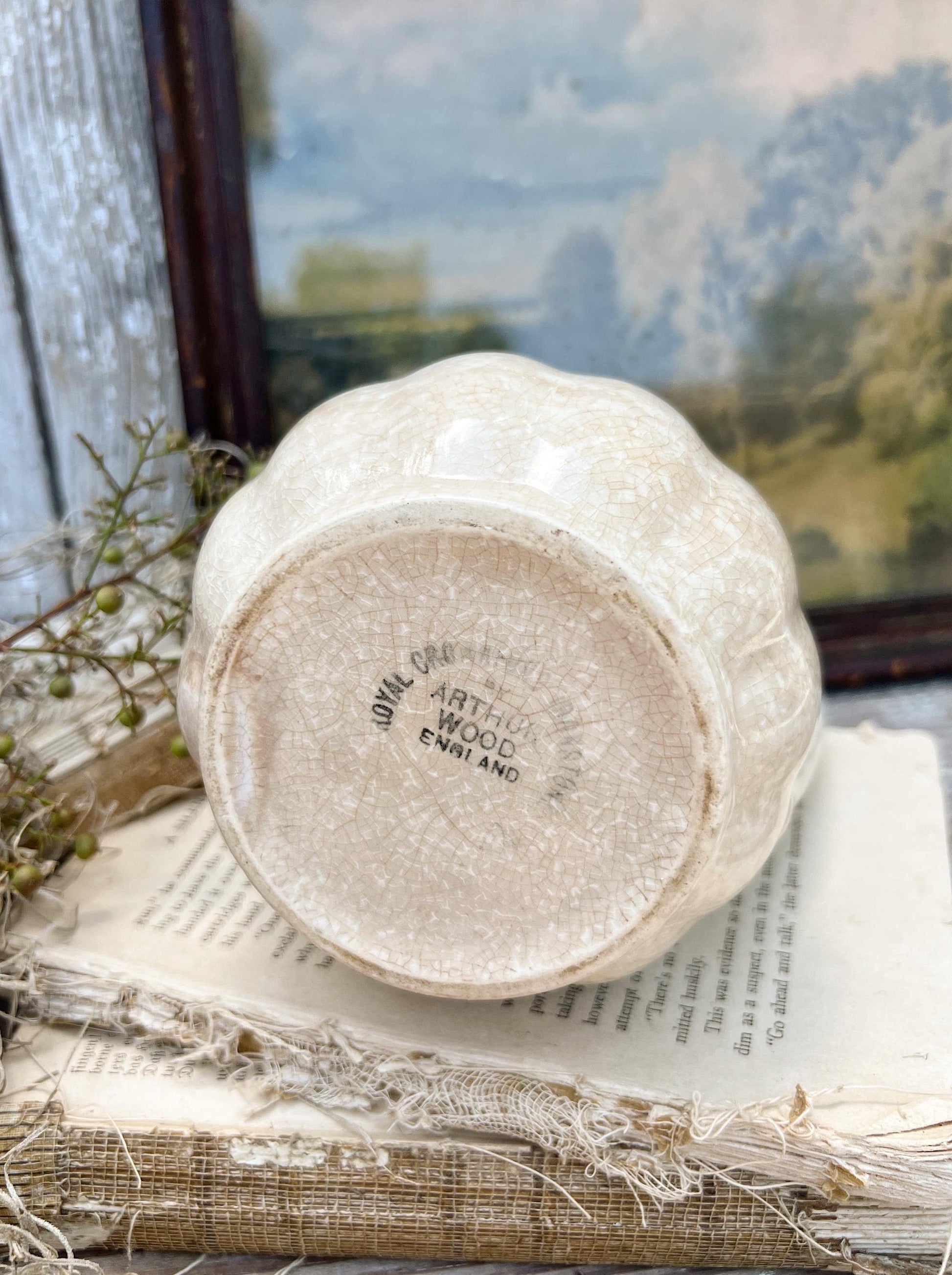 Antique White Ironstone PITCHER Jug Creamy White Farmhouse Decor Grungy Crazing Crazed Stained Arthur Wood England Royal